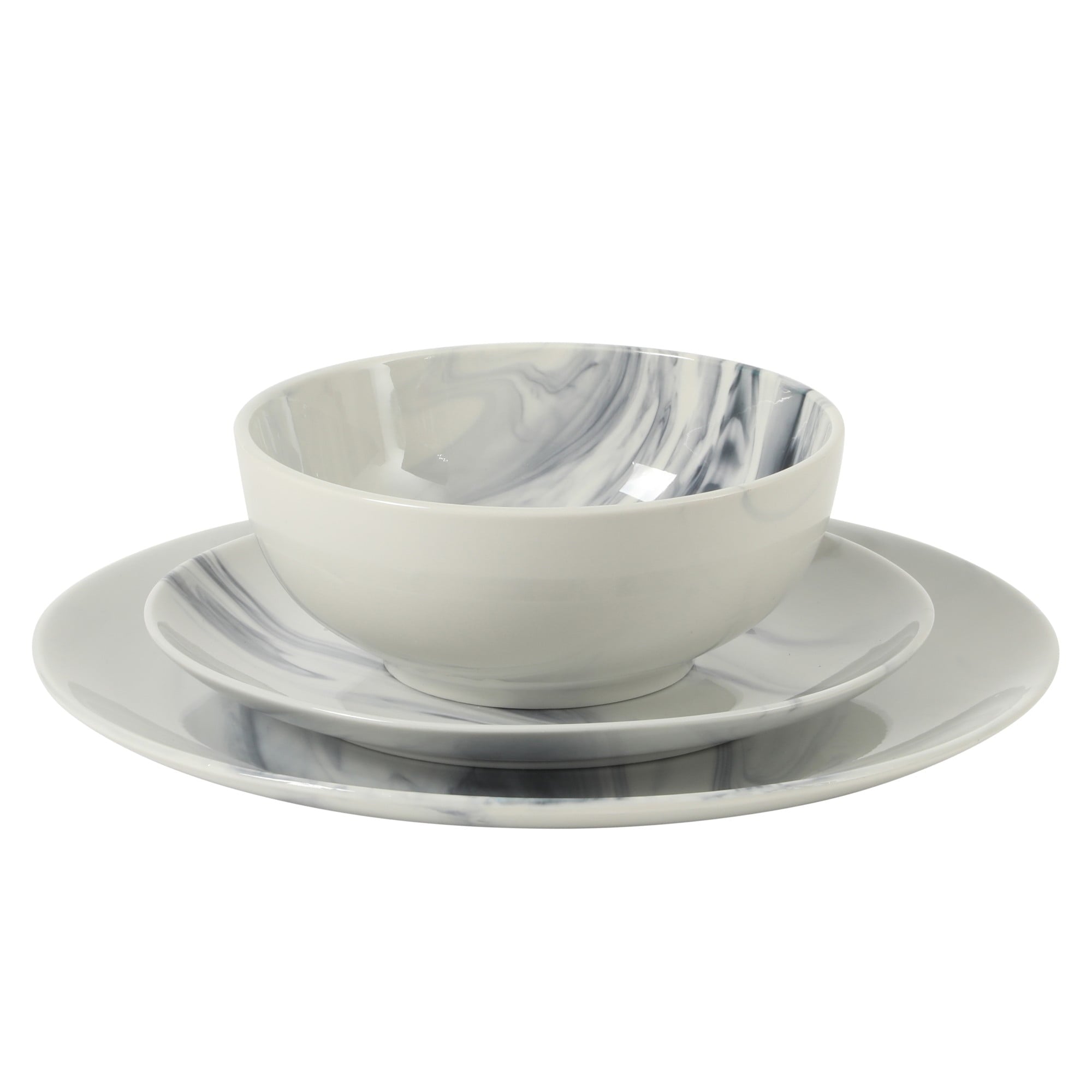 Gibson Home Cloudlight 12 Piece Plates and Bowls Dishes Brown and White - Decorated Porcelain Ceramic Dinnerware Set - Service for 4