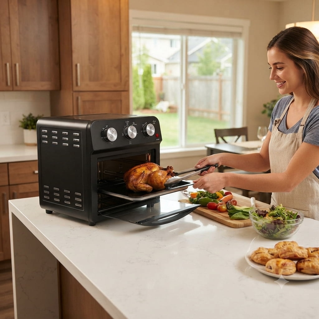 Plum Chef 13-Quart Compact Air Fryer Toaster Oven, 2-Layer Efficient Cooking, Space-Saving Countertop Oven for Dorms, Apartments & Small Families, 1300W, Black