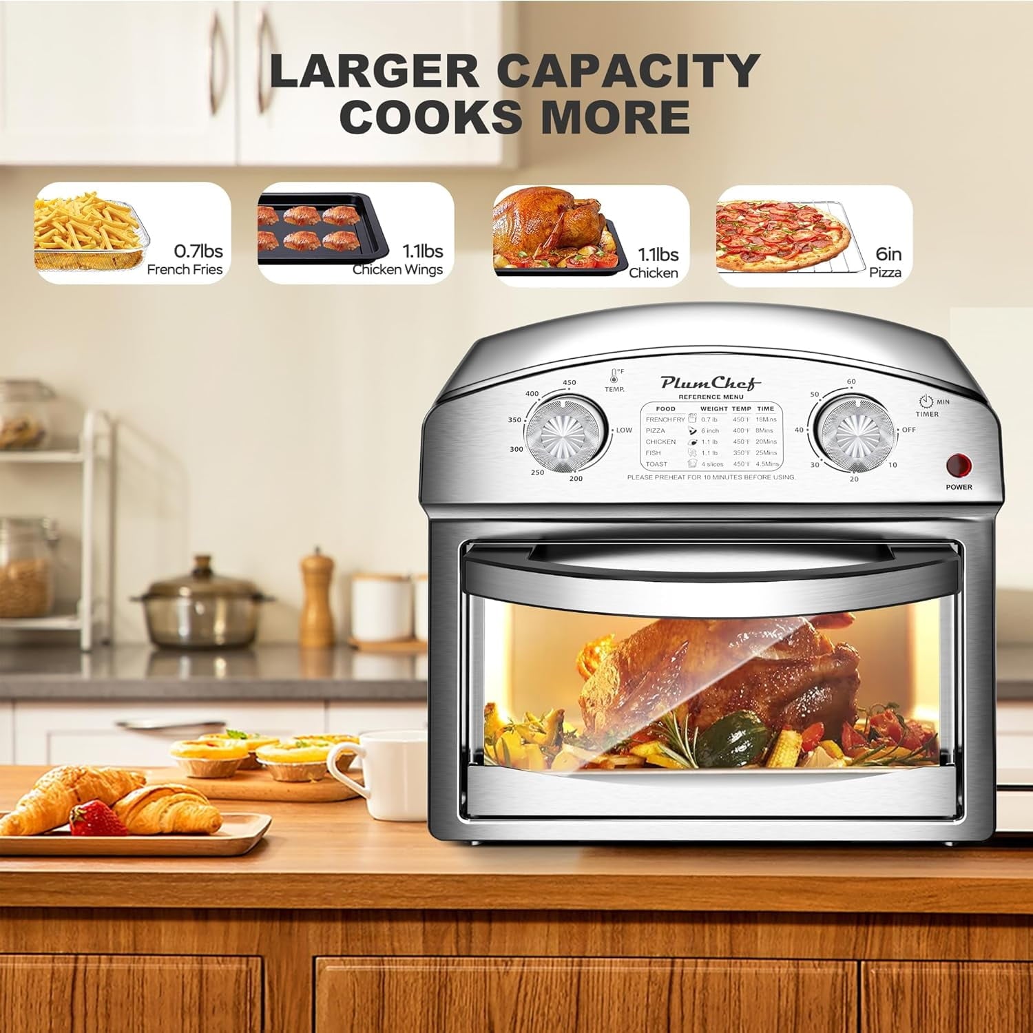 Plum Chef 13QT Air Fryer Toaster Oven Combo, Compact Stainless Steel Countertop Oven for 1-3 People, 1500W with Oil-Free Cooking, Easy to Clean, Space Saving, Sliver