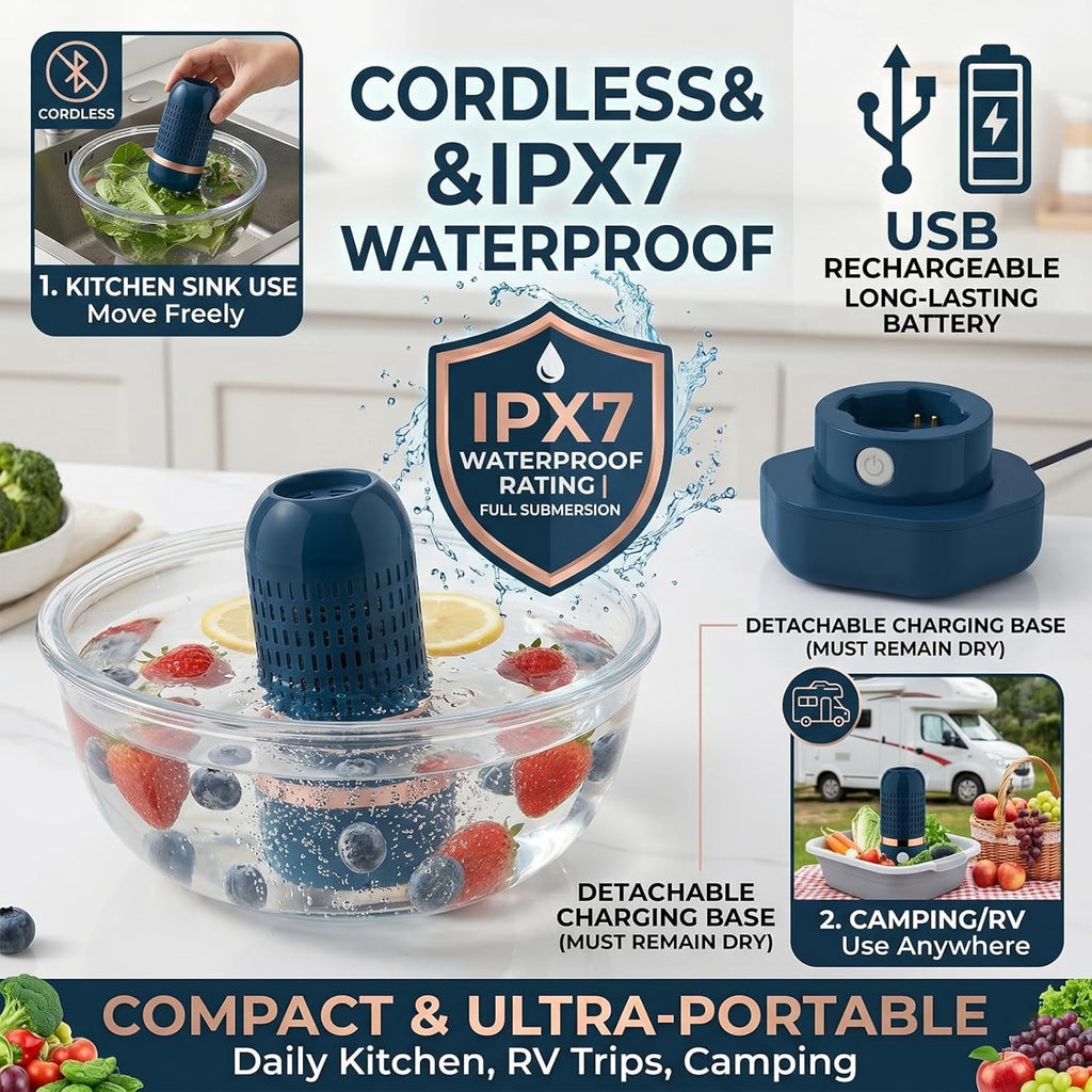 Pure pod Produce Cleaner - Portable Fruit and Vegetable Washing Machine, IPX7 Waterproof Cordless Device for Berries&Meat,OH-ion Food Purifier for Deep Cleaning ,Stainless steel electrode