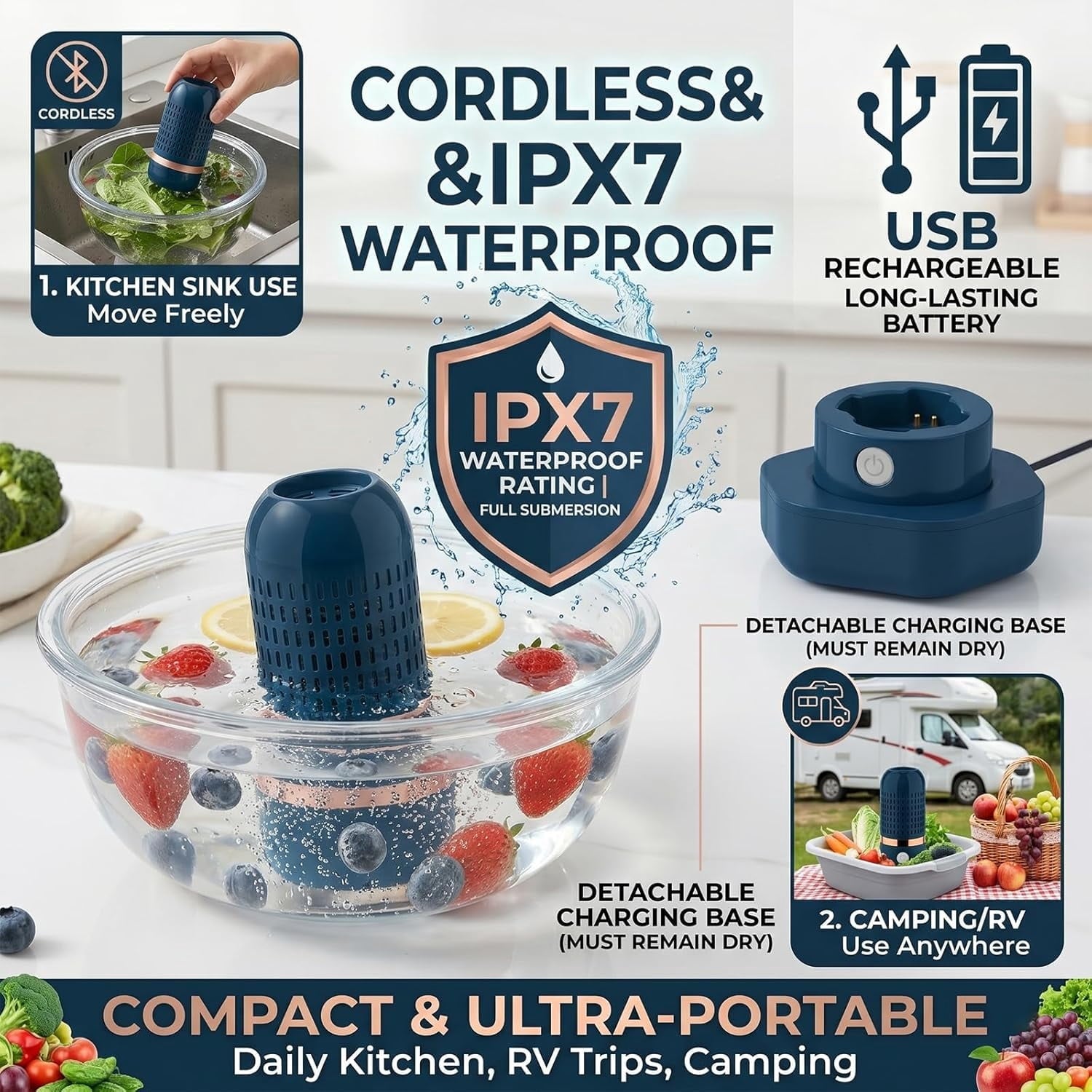 Pure pod Produce Cleaner - Portable Fruit and Vegetable Washing Machine, IPX7 Waterproof Cordless Device for Berries&Meat,OH-ion Food Purifier for Deep Cleaning ,Stainless steel electrode