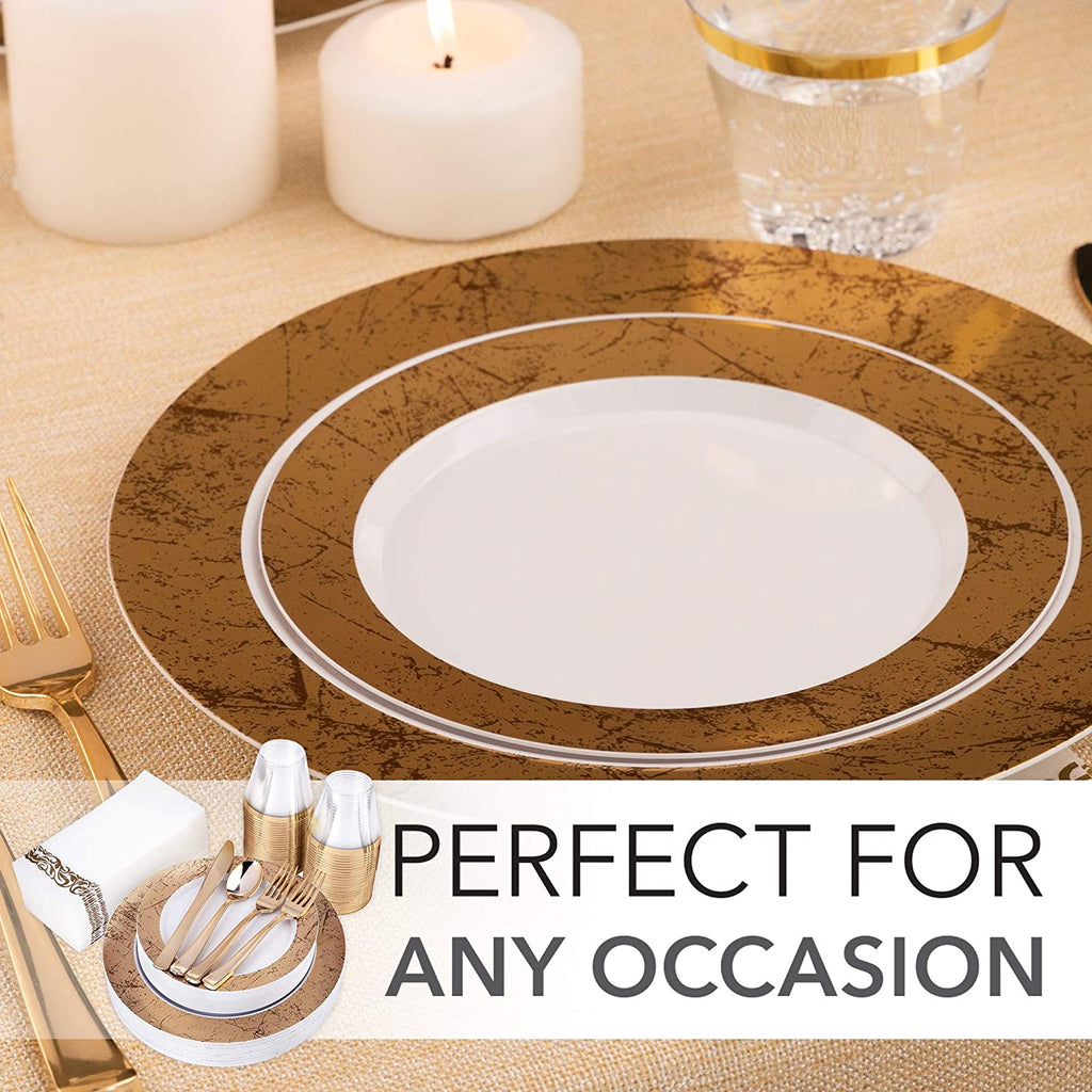 125-Piece White and Gold Floral Fancy Plastic Plates Disposable with Silverware, Elegant Dinnerware for Weddings, Holiday Party China, Set of 25 Dinner + Salad Plates, 25 Spoons, 25 Forks, 25 Knives