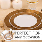 125-Piece White and Gold Floral Fancy Plastic Plates Disposable with Silverware, Elegant Dinnerware for Weddings, Holiday Party China, Set of 25 Dinner + Salad Plates, 25 Spoons, 25 Forks, 25 Knives