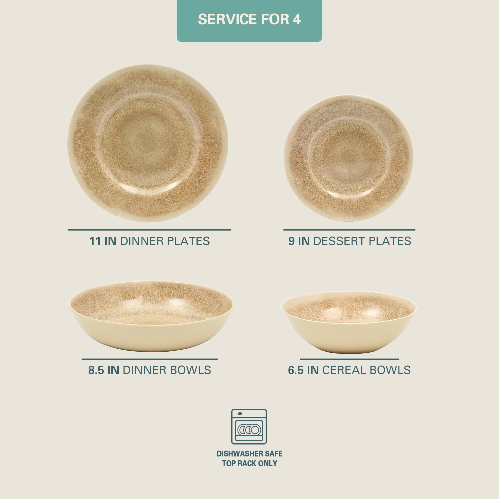 Gibson Home Casper Court 16-Piece Melamine Dinnerware Set – Reactive Glaze Look - Service for - Beige