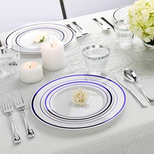 125-Piece White and Blue Fancy Plastic Plates Disposable with Silverware, Elegant Dinnerware for Weddings, Holiday Party China, Set of 25 Dinner + Salad Plates, 25 Spoons, 25 Forks, 25 Knives