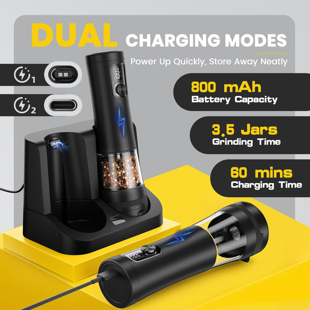 Moreblue Electric Salt and Pepper Grinder Set , Automatic Rechargeable Salt and Pepper Shaker with LED Battery Display & USB‑C Charging Base, Pepper Mill for Kitchen, Dining & Camping
