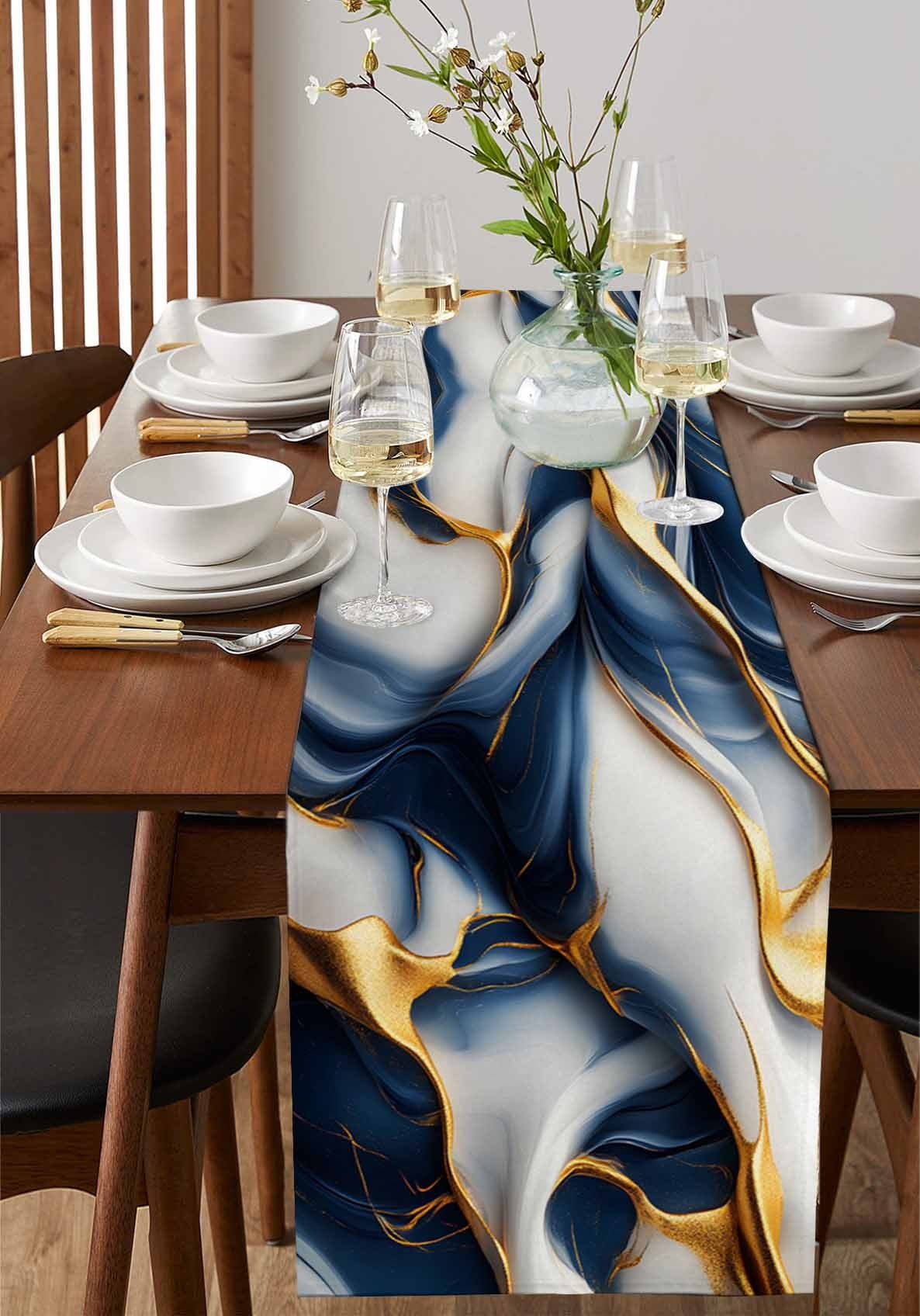Navy Blue Marble Table Runner 120 Inches Long for Dining Table Decor,Gold Modern Granite Surface Motif Sketch Burlap Linen Farmhouse Table Runner Coffee Table Runners for Kitchen Party Holiday