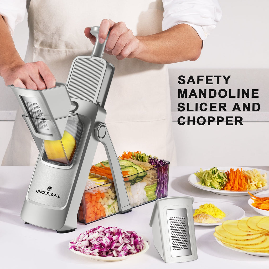 ONCE FOR ALL 5-in-1 Vegetable Slicer with Container - Adjustable Mandoline Chopper, Slicer, Dicer, Grater for Kitchen, Stainless Steel with 0.1-8mm Thickness & Dishwasher Safe Food Prep Tool