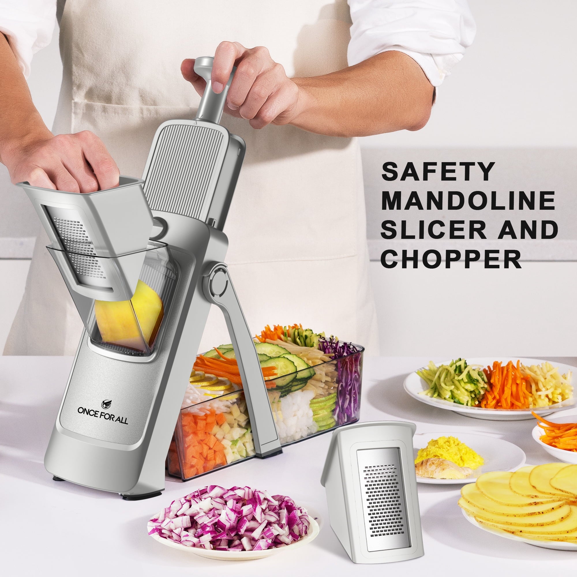 ONCE FOR ALL 5-in-1 Vegetable Slicer with Container - Adjustable Mandoline Chopper, Slicer, Dicer, Grater for Kitchen, Stainless Steel with 0.1-8mm Thickness & Dishwasher Safe Food Prep Tool