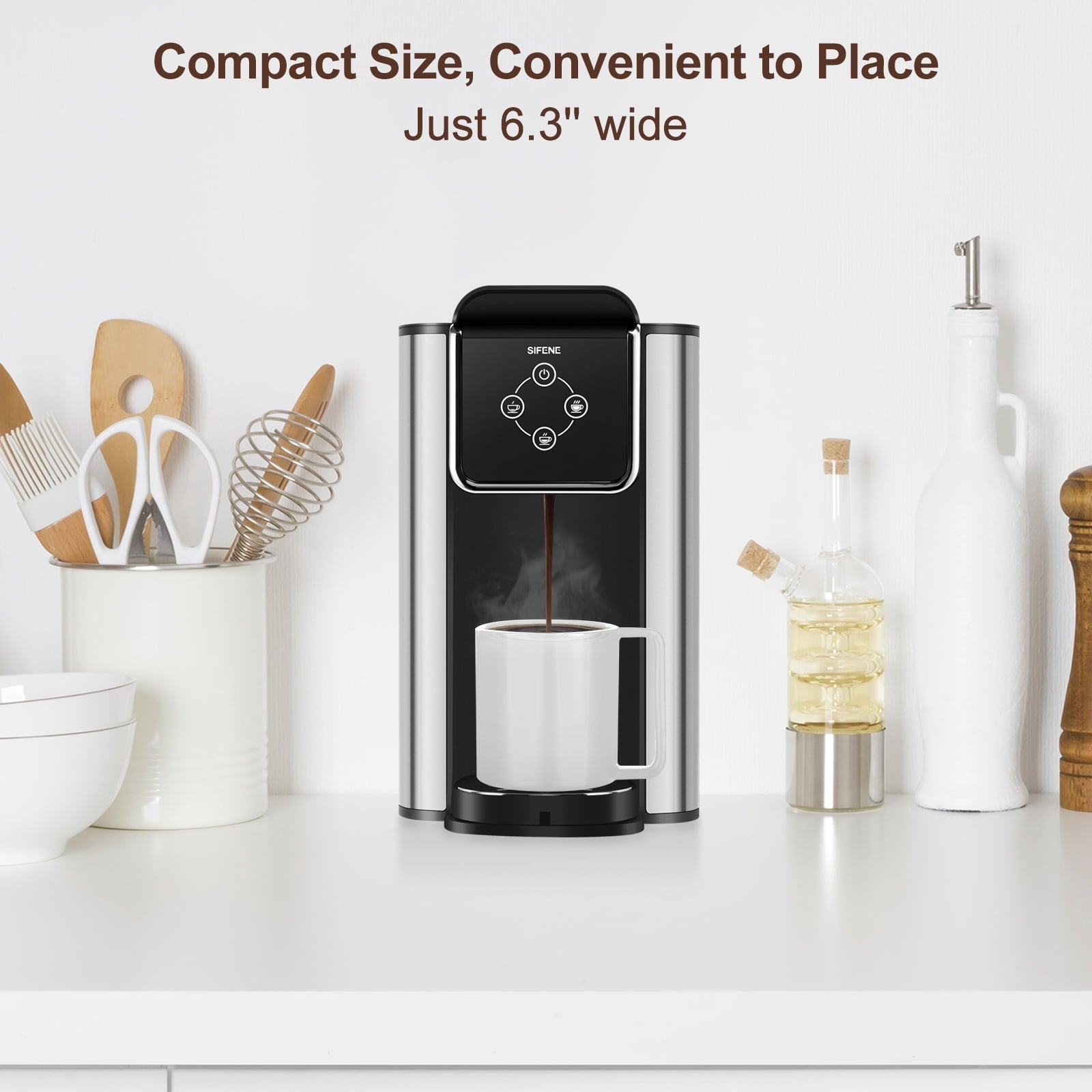 SIFENE 3-in-1 Single Serve Coffee Maker, Compatible with K Cup Capsules & Grounds, Tea Maker, 6-10 Oz Brew Sizes, 50 Oz Removable Reservoir, Fast Brew, Compact Design, 120V 1150W, Black