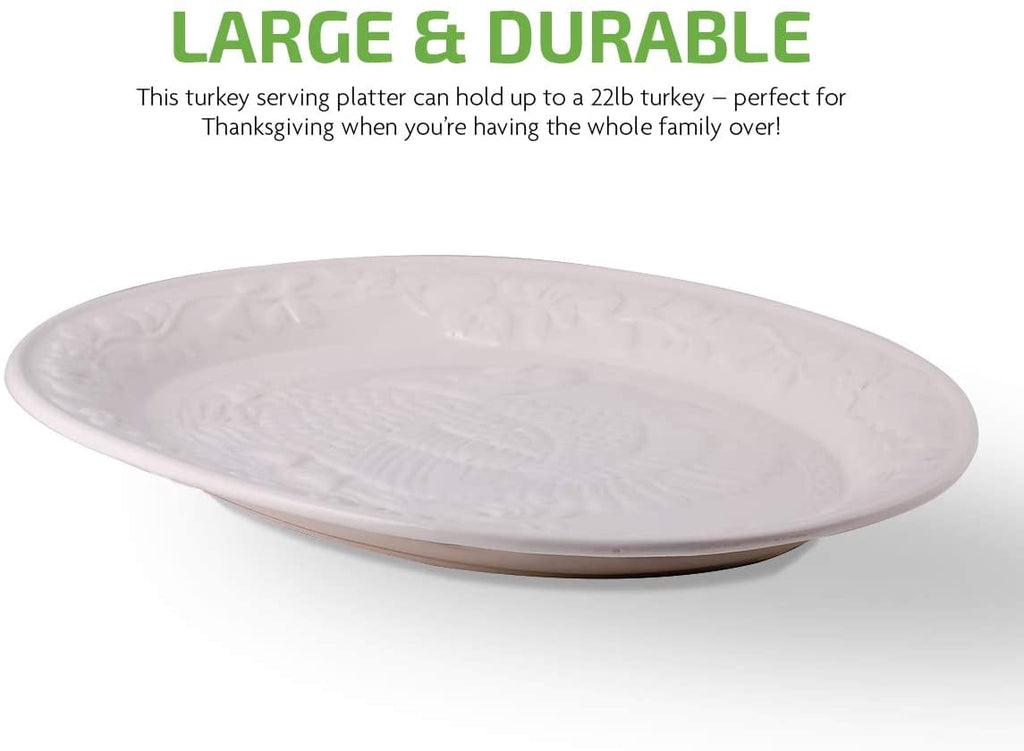 OVENTE Ceramic Oval Turkey Platter, White P4565W | Holiday Serving Plate for Thanksgiving & Christmas Dinner, Fall Table Centerpiece Tray for Entertaining, Easy-Clean
