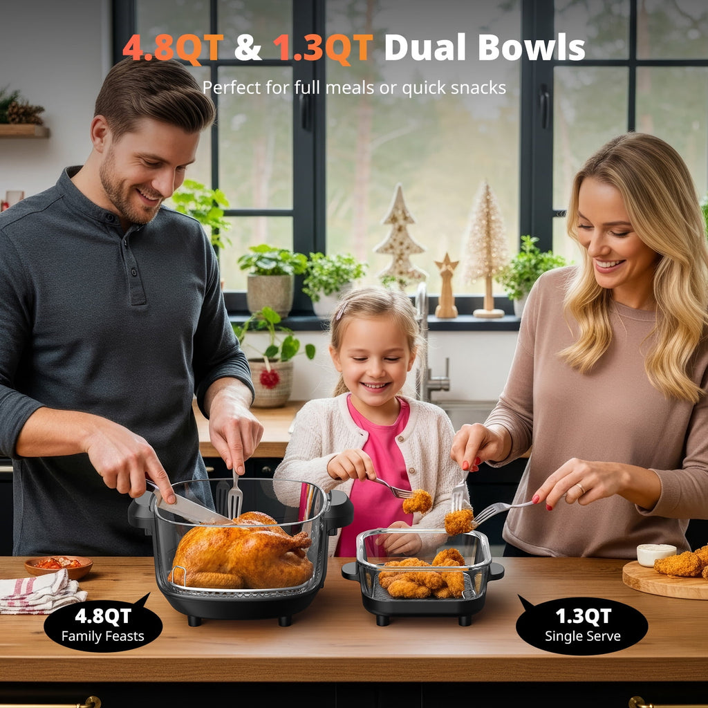 AIRMSEN Portable Glass Air Fryer, 4.8QT & 1.3QT Non-Toxic Glass Bowls, Max 450°F, 4 Preset Modes with Adjustable Time & Temp, Dishwasher-Safe, 1500W