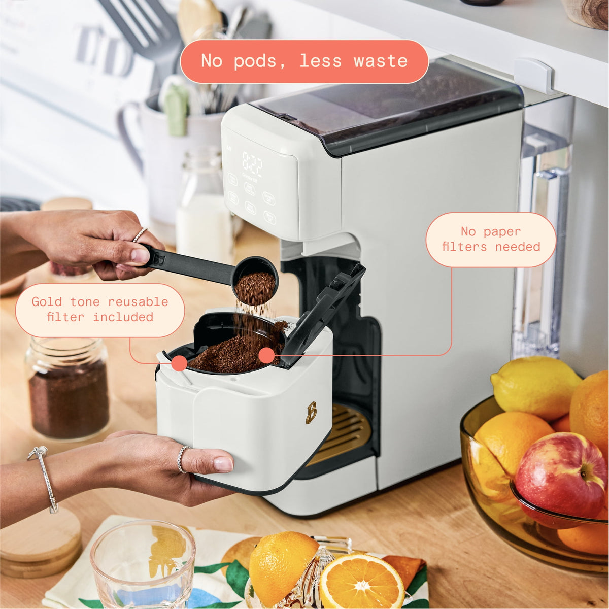 Beautiful Perfect Grind™ Programmable Single Serve Coffee Maker with Build-In Grinder, White Icing by Drew Barrymore