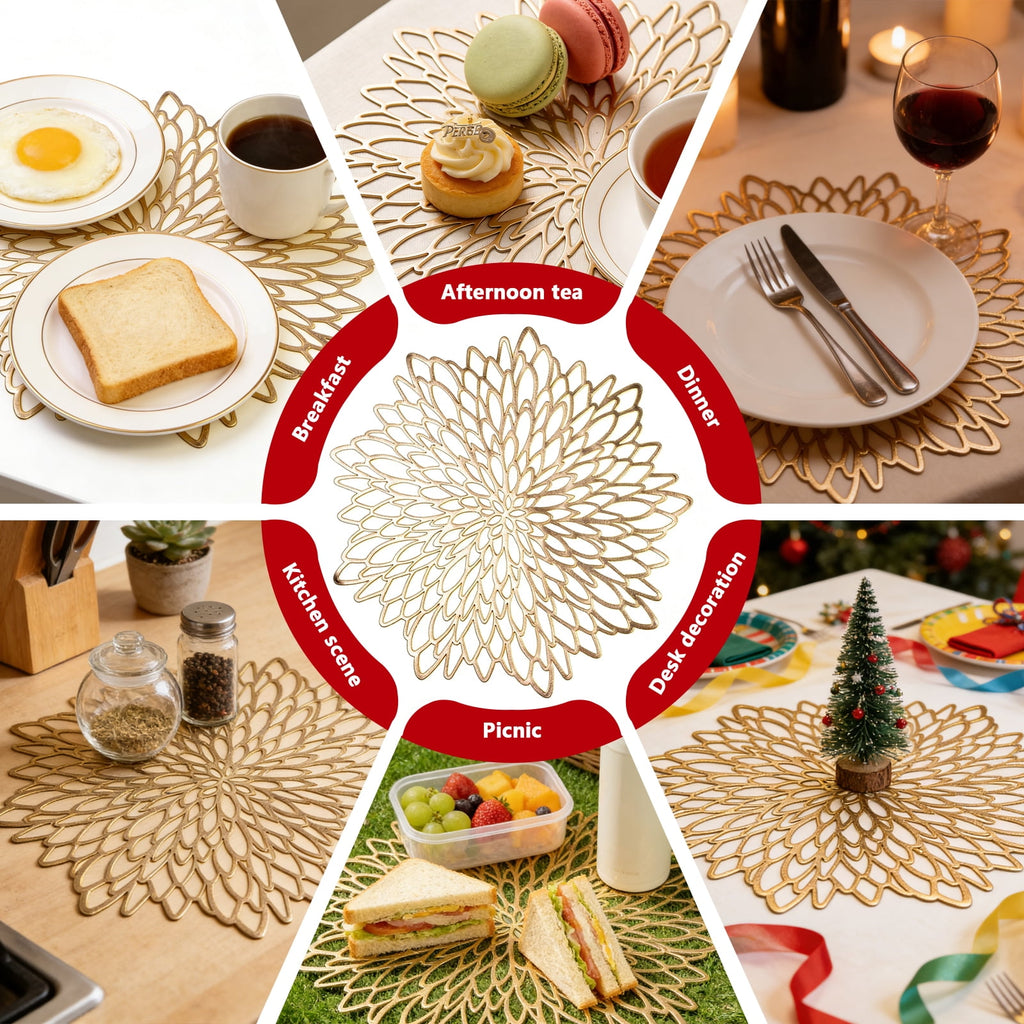 Arcticwind 10-Pack Gold Furonghua PVC Placemats 15 inch Table Place Mats Bulk Decorative Washable and Wipeable Kitchen Place Mat for Table Settings Holiday Wedding Dinner Table Decoration Mat