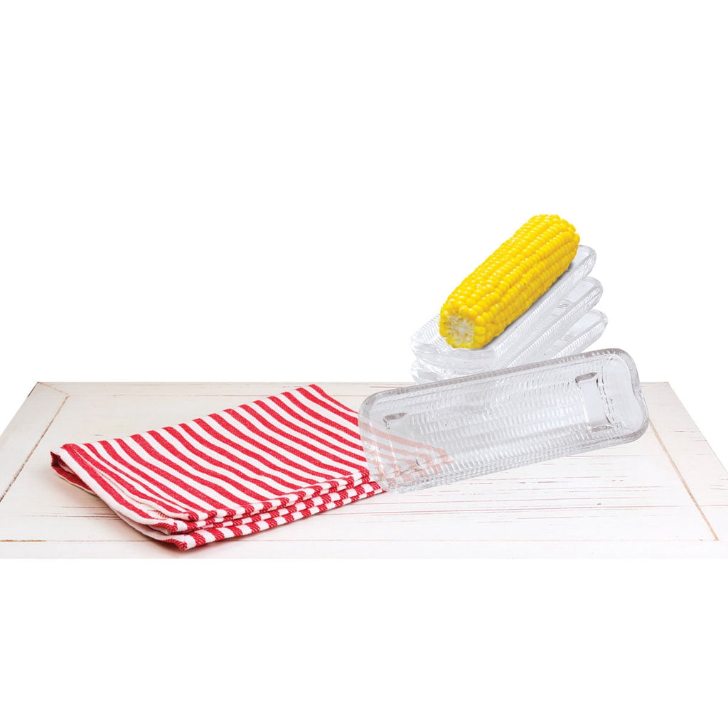 HIC Kitchen Corn Dishes, Pressed Decorative Glass, Set Of 4, For Serving Corn On The Cob, Catching Butter Drips, And Holiday Entertaining