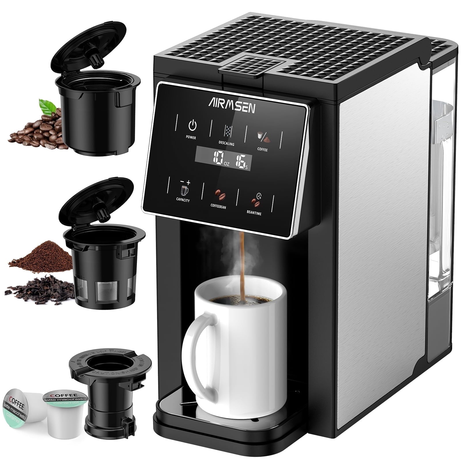 AIRMSEN 3 in 1 Single Serve Coffee Maker with Grinder, K Cup Coffee Machine Compatible with Grounds and Beans, Instant Coffee Pot with 6 Grind Levels & 6-14oz Cup Sizes, BPA-Free