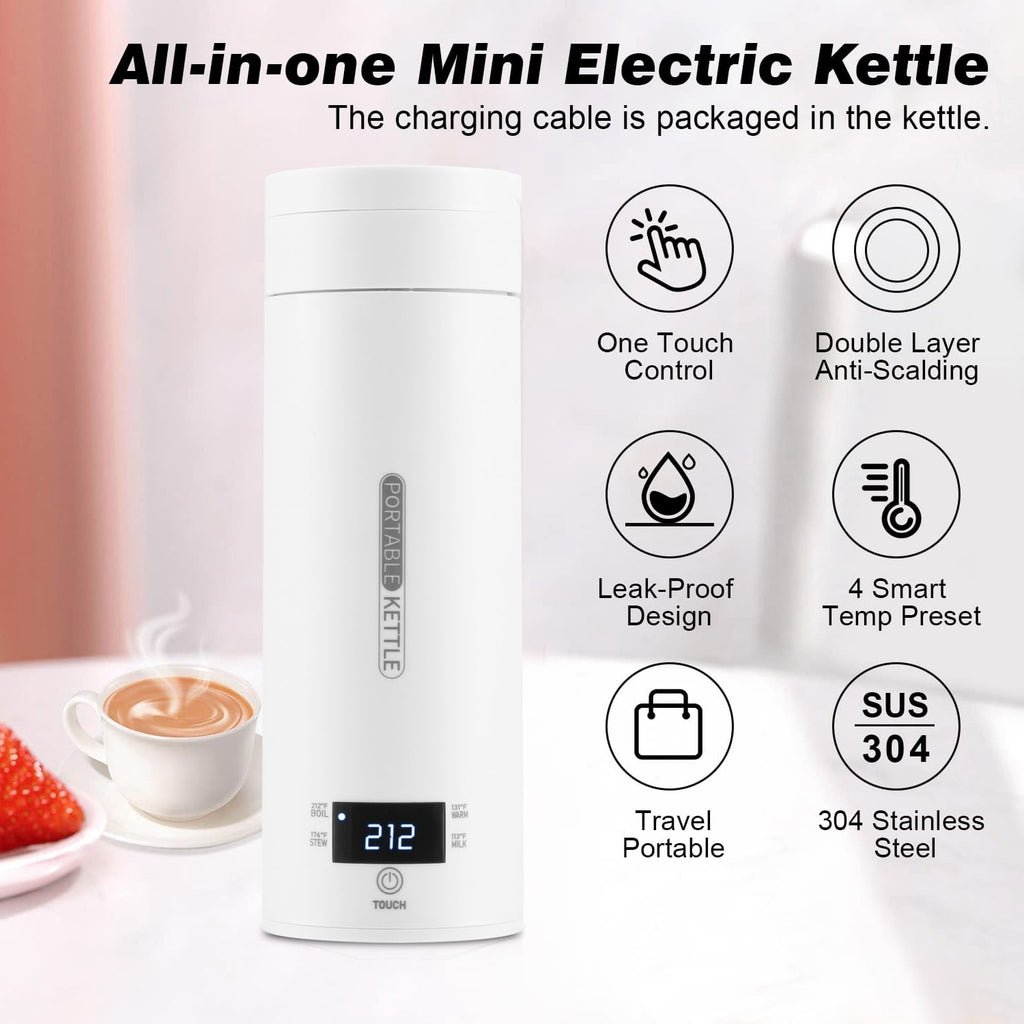 Smart Travel Kettle Electric Small Stainless Steel Portable Digital Electric Kettle for Boiling Water 380ml Travel Tea Kettle Portable Water Boiler, White