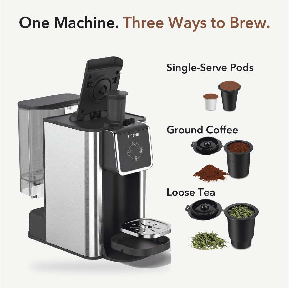 SIFENE 3-in-1 Single Serve Coffee Maker, Compatible with K Cup Capsules & Grounds, Tea Maker, 6-10 Oz Brew Sizes, 50 Oz Removable Reservoir, Fast Brew, Compact Design, 120V 1150W, Black