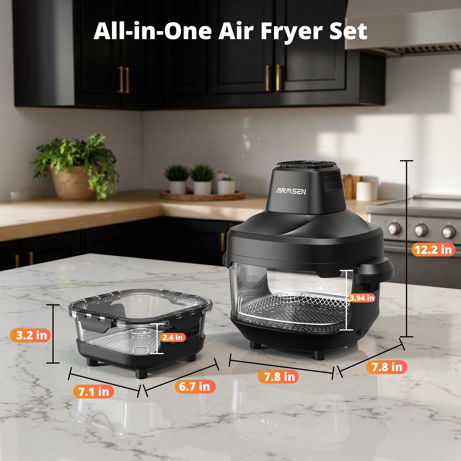 AIRMSEN Portable Glass Air Fryer, 4.8QT & 1.3QT Non-Toxic Glass Bowls, Max 450°F, 4 Preset Modes with Adjustable Time & Temp, Dishwasher-Safe, 1500W