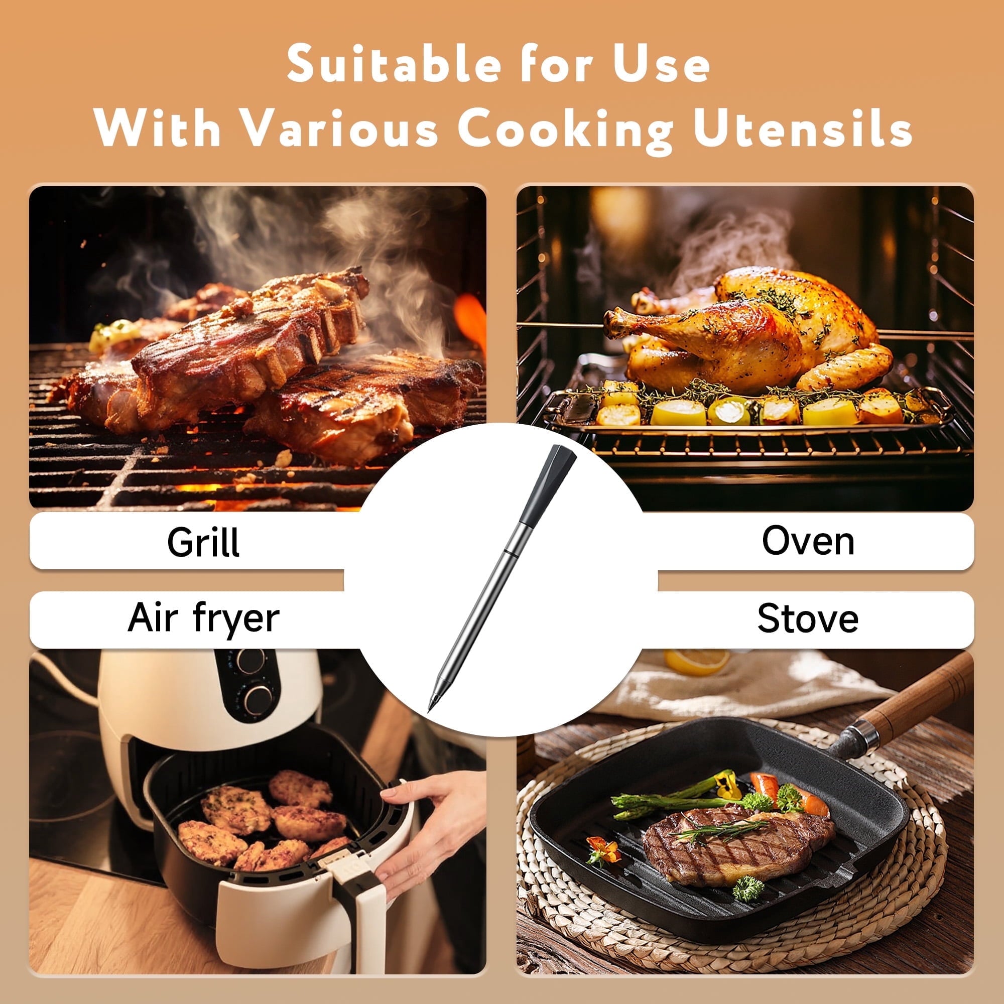 Smart Wireless Meat Thermometer with 500FT Bluetooth Range, App Remote Monitoring, Time Reminder, for Cooking, Baking, Oven, Grilling