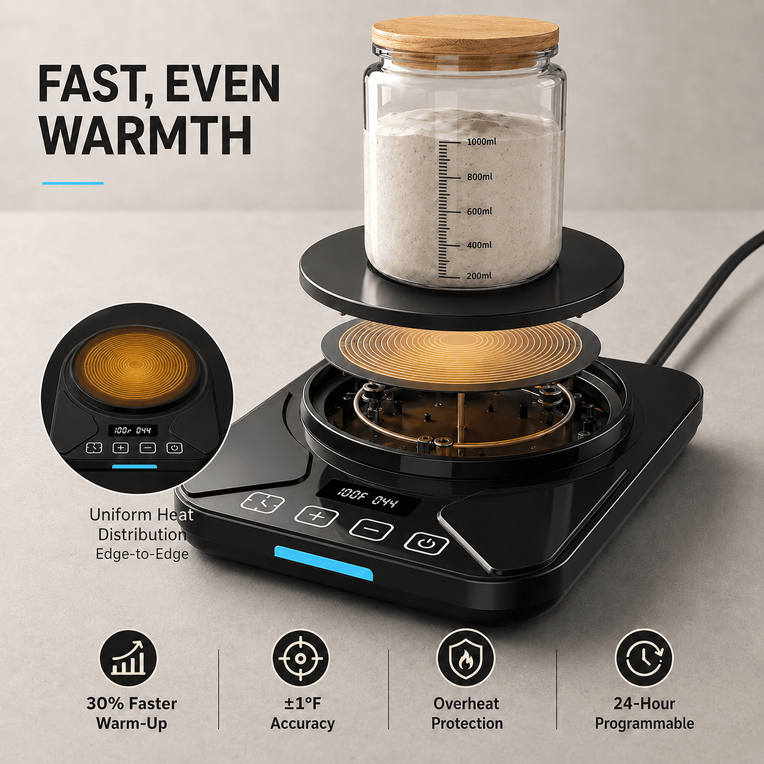 Sourdough Starter Warmer Mat - 24H Timer - Precise 1°F Thermostat Control (70-100°F) - Smart Memory Warming On/Off - Fits Jars Up to 40oz - Perfect for Home Baking (Black)