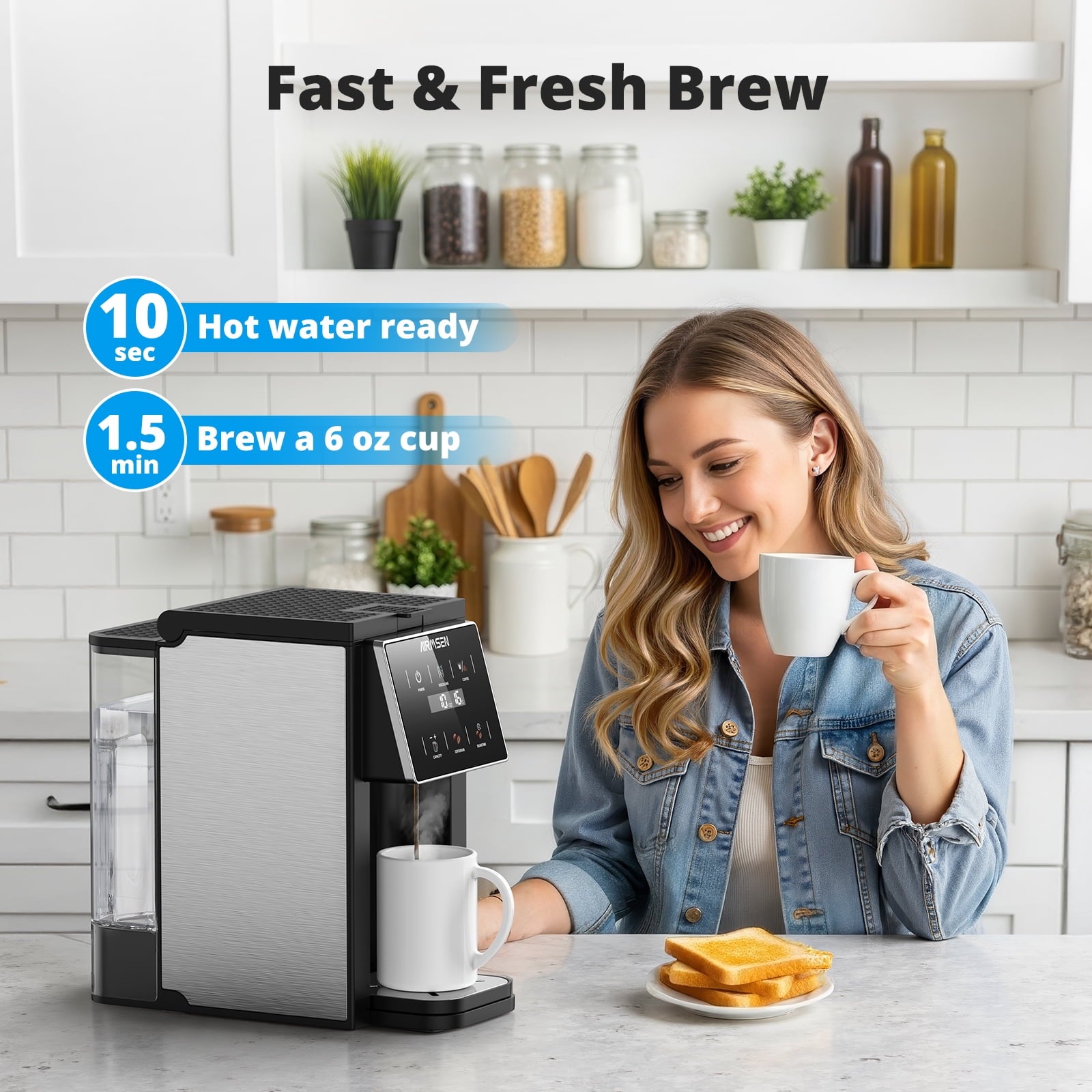 AIRMSEN 3 in 1 Single Serve Coffee Maker with Grinder, K Cup Coffee Machine Compatible with Grounds and Beans, Instant Coffee Pot with 6 Grind Levels & 6-14oz Cup Sizes, BPA-Free