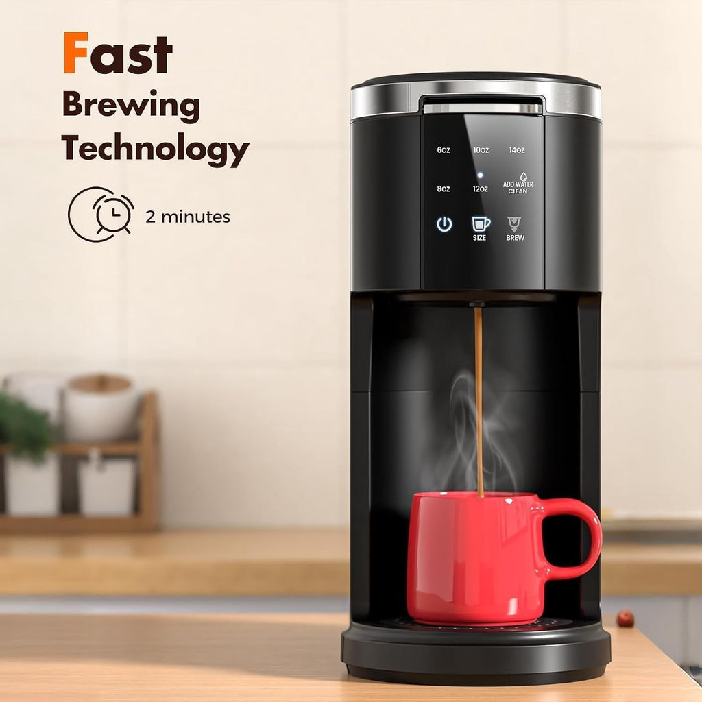 FREE VILLAGE Single Serve Coffee Maker,2 in 1 Pod Coffee Maker Machine for K-Cup & Ground,6 to 14oz Brew Sizes,40oz Removable Water Reservoir,LCD Screen,Self-cleaning,Black