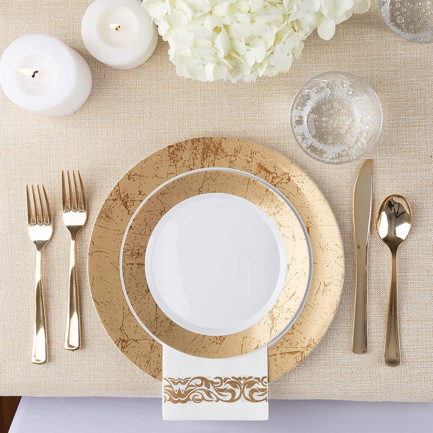 125-Piece White and Gold Floral Fancy Plastic Plates Disposable with Silverware, Elegant Dinnerware for Weddings, Holiday Party China, Set of 25 Dinner + Salad Plates, 25 Spoons, 25 Forks, 25 Knives