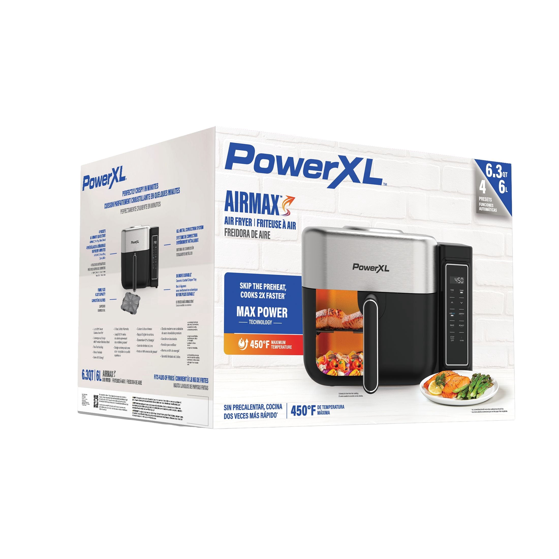 PowerXL 6.3 Quart AirMax Air Fryer Oven with Four Presets and Compact Two-Tier Design, 450F Maximum Temperature, No Preheat Needed