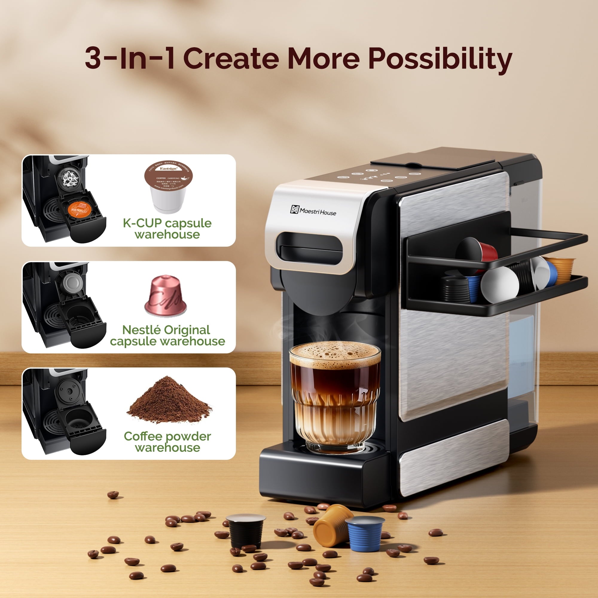 Coffee Maker 3-in-1 Single Serve Coffee Machine, for K-Cup Coffee Capsule Pod, Ground Coffee Powder Brewer, Stainless Steel Design, Sliver