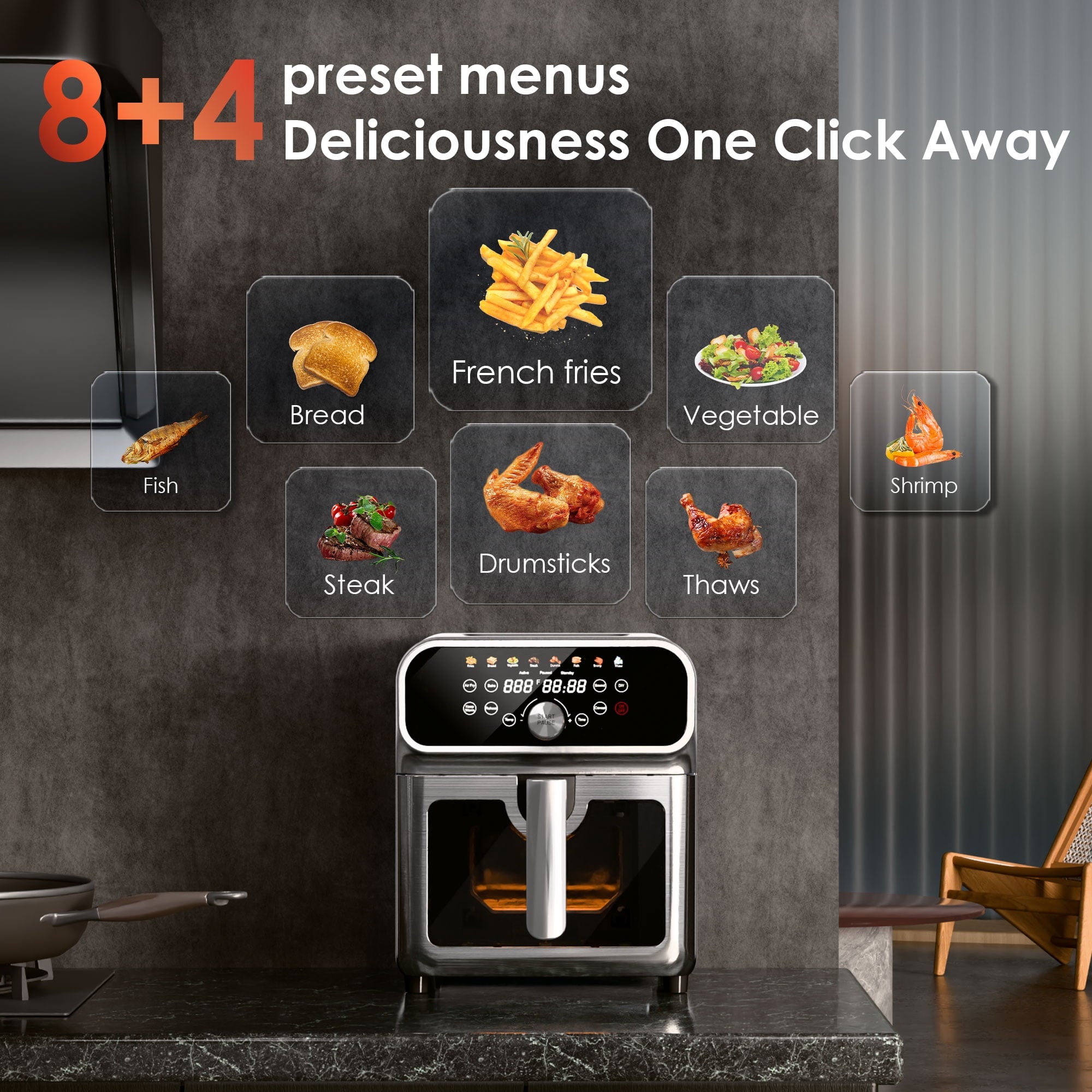 WHALLSE 6QT Air Fryer with Visual Window, 8 Preset Menus & 360° Rapid Air Circulation for Healthy Oil-Less Cooking,Exterior: Stainless Steel