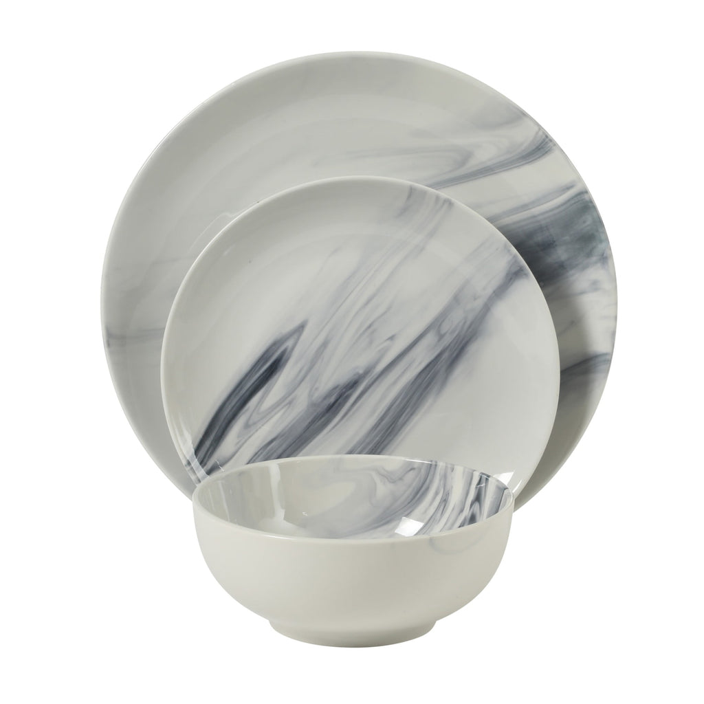 Gibson Home Cloudlight 12 Piece Plates and Bowls Dishes Brown and White - Decorated Porcelain Ceramic Dinnerware Set - Service for 4