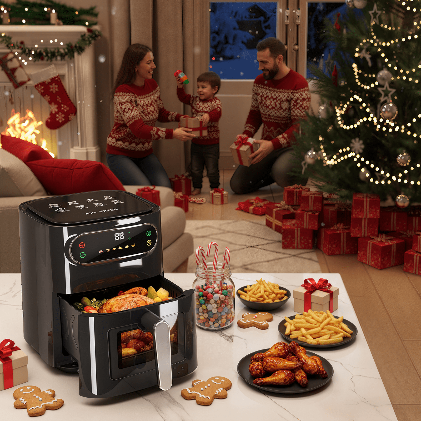 6QT Air Fryer, 1400W Compact Toaster Oven, Crisps, Broils, Roasts, Dehydrates, Bakes, Reheats, 85 percent Oil-Less, LED Smart Display, Stainless Steel