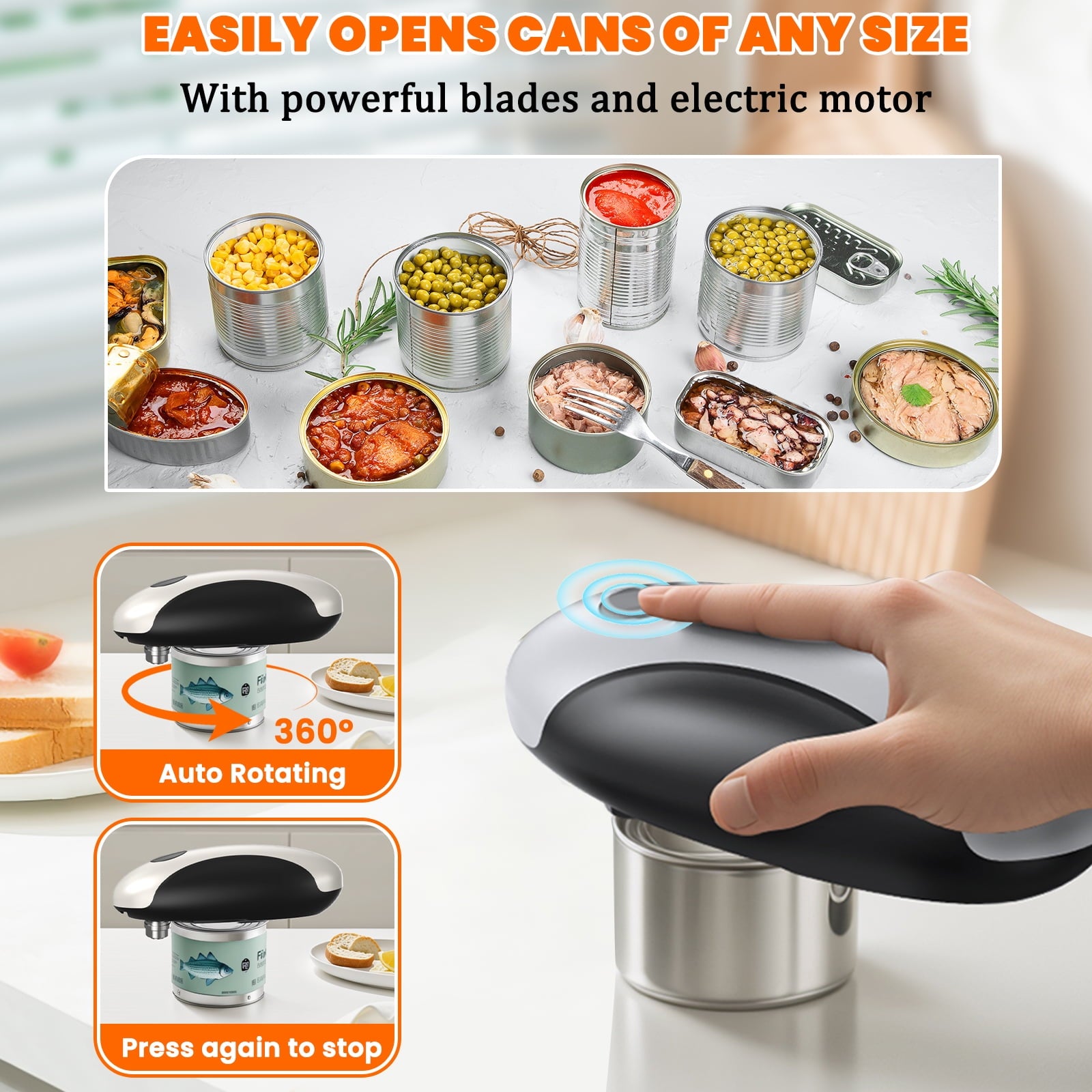 Rechargeable Electric Can Opener - Smooth Edge, One-Touch Automatic Can Opener for Seniors & Arthritis, Type-C Fast Charge, Compact Portable Can Openers, Portable Kitchen Gadgets Fits Most Can Sizes