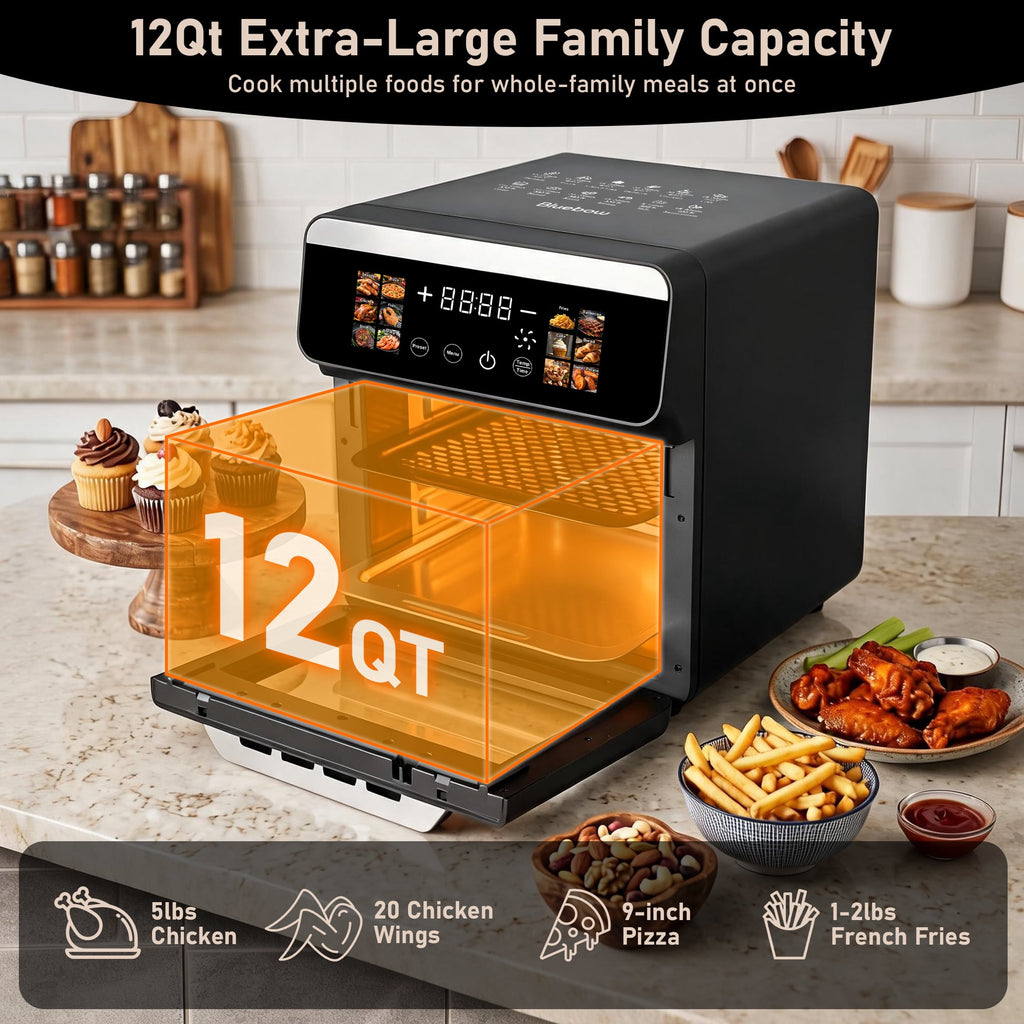 Bluebow 12QT Air Fryer Toaster Oven, 12-in-1 Multi-functional Color Touchscreen with Easy-view Windows, Less Oil Healthy Cooking for Home Kitchen Use