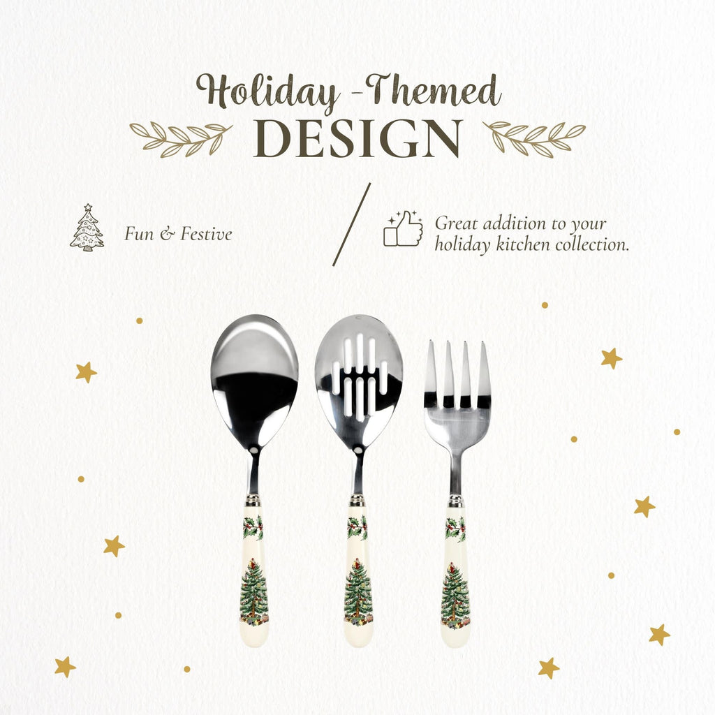 Spode Christmas Tree 3-Piece Stainless Steel Cutlery Set - Porcelain Handle Flatware with Meat Fork, Serving Spoon, & Slotted Spoon - Holiday Silverware for Christmas Dinners & Seasonal Gatherings