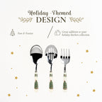 Spode Christmas Tree 3-Piece Stainless Steel Cutlery Set - Porcelain Handle Flatware with Meat Fork, Serving Spoon, & Slotted Spoon - Holiday Silverware for Christmas Dinners & Seasonal Gatherings