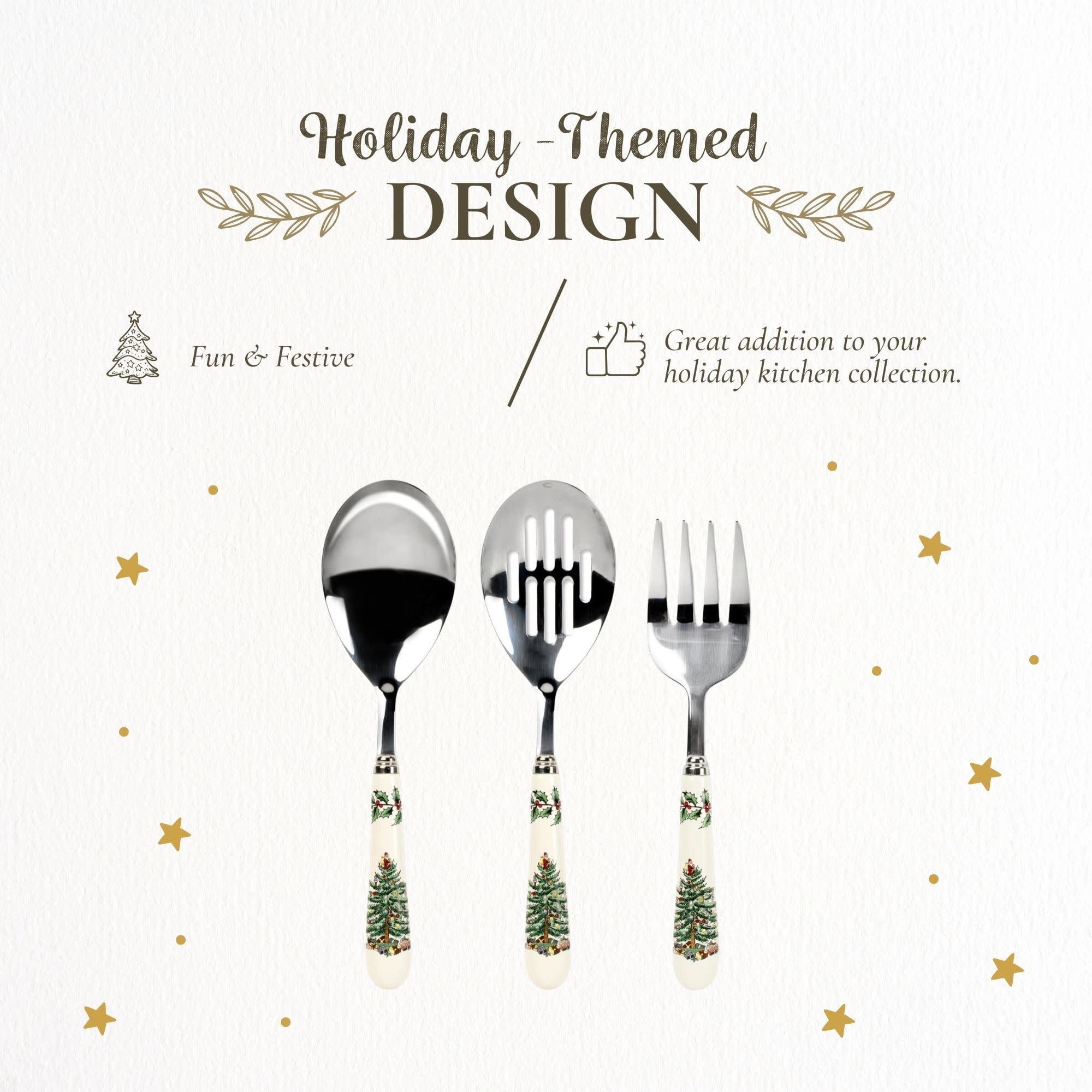 Spode Christmas Tree 3-Piece Stainless Steel Cutlery Set - Porcelain Handle Flatware with Meat Fork, Serving Spoon, & Slotted Spoon - Holiday Silverware for Christmas Dinners & Seasonal Gatherings