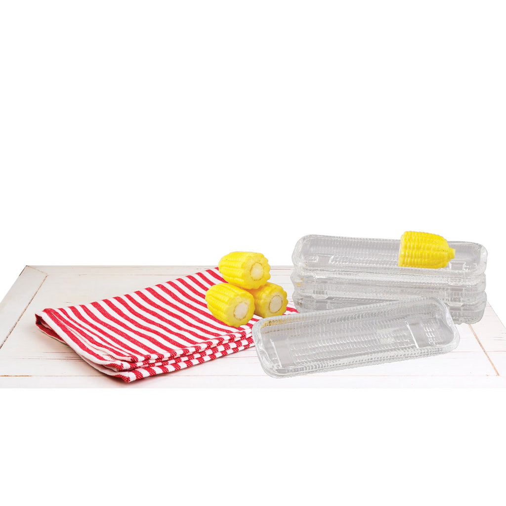 HIC Kitchen Corn Dishes, Pressed Decorative Glass, Set Of 4, For Serving Corn On The Cob, Catching Butter Drips, And Holiday Entertaining