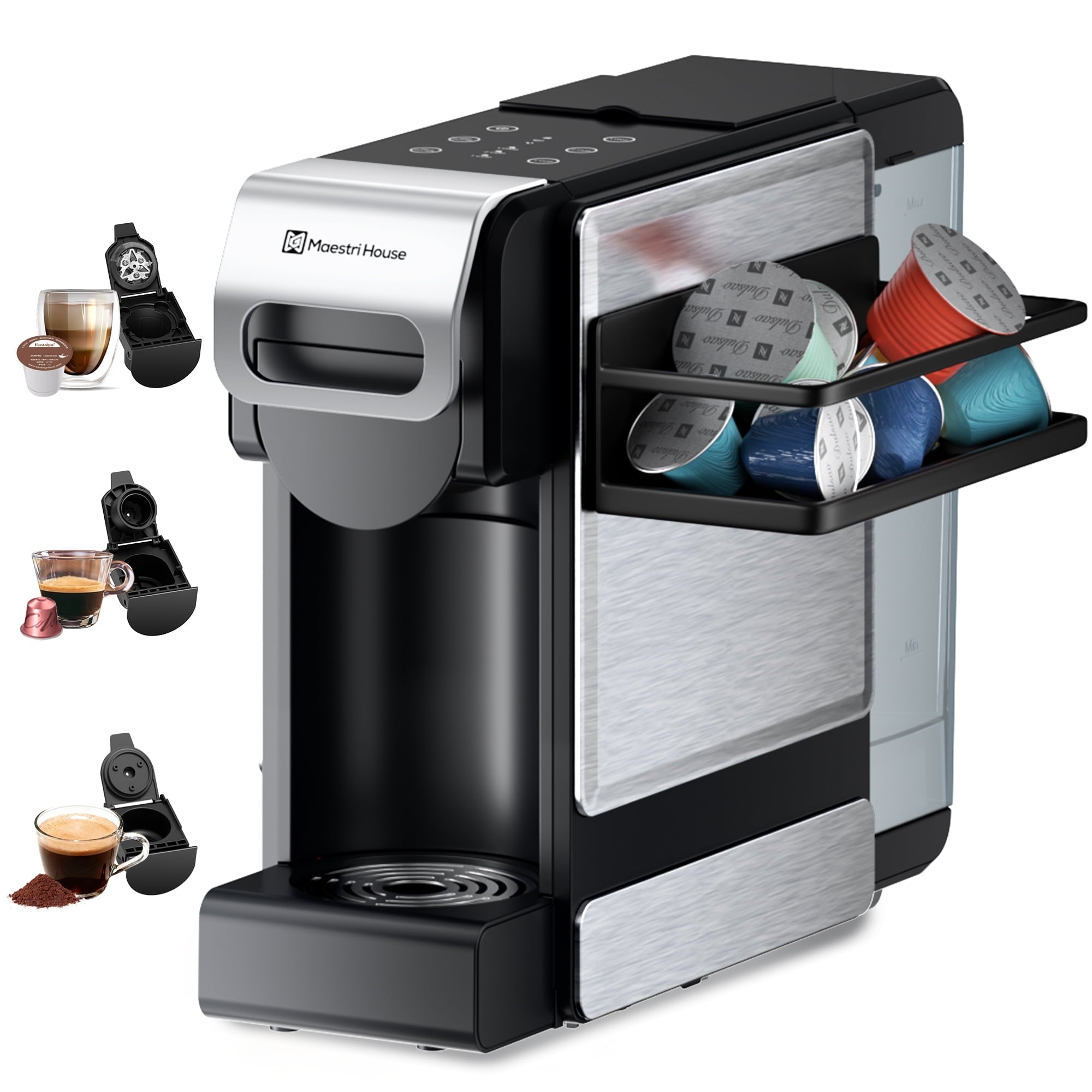 Coffee Maker 3-in-1 Single Serve Coffee Machine, for K-Cup Coffee Capsule Pod, Ground Coffee Powder Brewer, Stainless Steel Design, Sliver