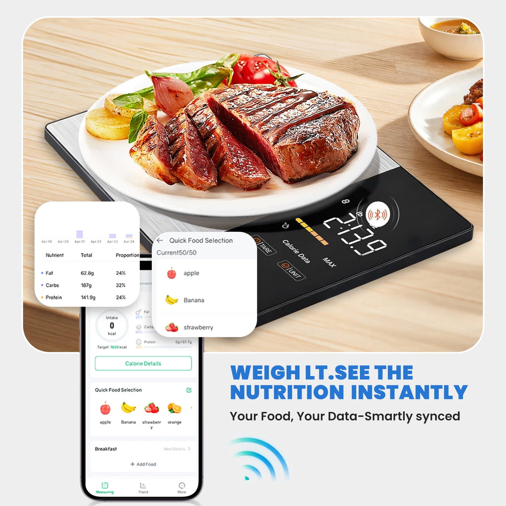 Smart Nutrition Food Scale with LED Touch Display, Tracks Calories, Fat, Carbs & Protein via App, 0.01oz Precision Digital Kitchen Scale for Healthy Eating & Meal Prep(batteries Not included)