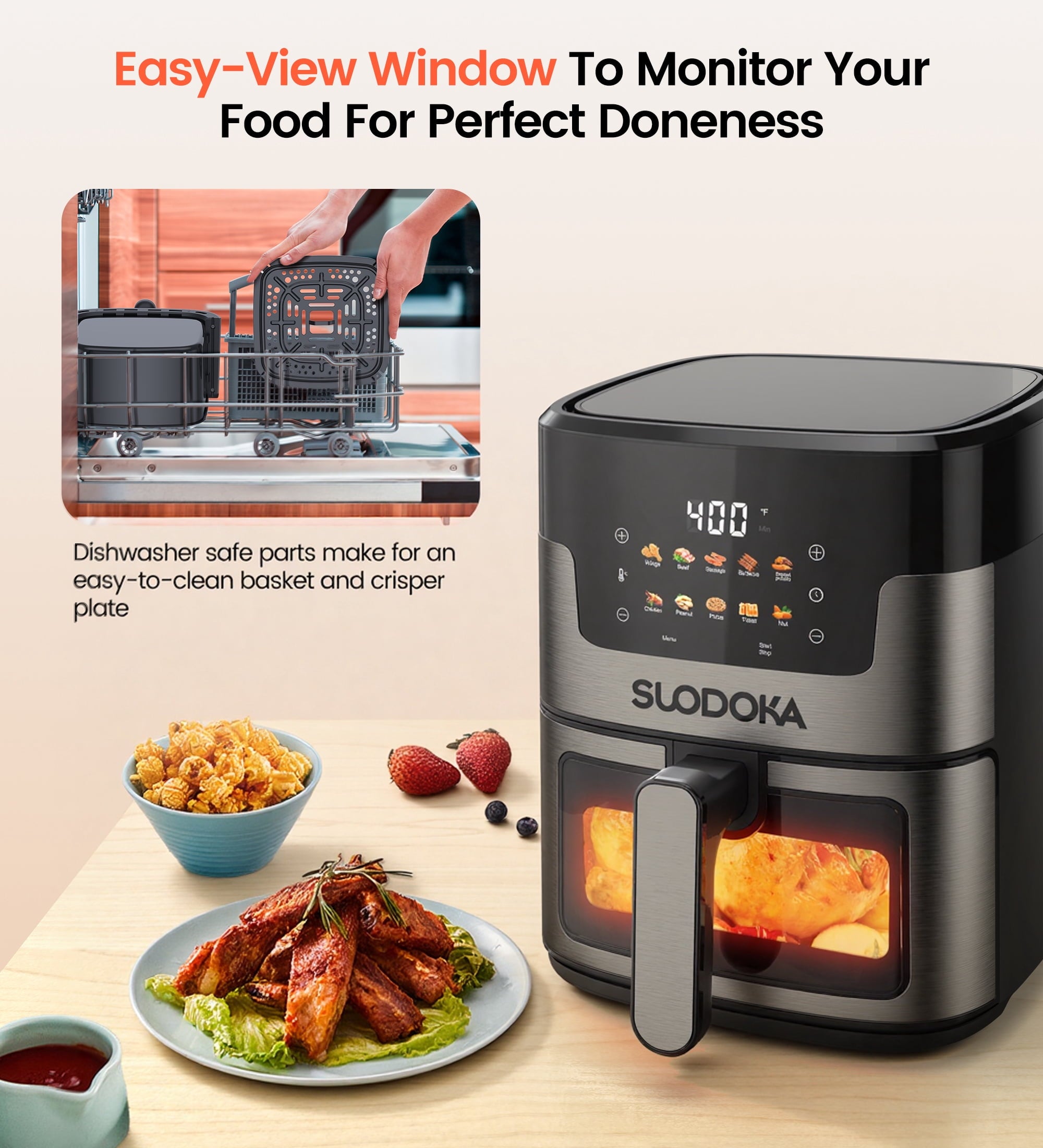 Suodoka 10 in 1 Air Fryer 6 Qt Capacity, Compact Countertop with Nonstick Basket, 400F Air Crisp