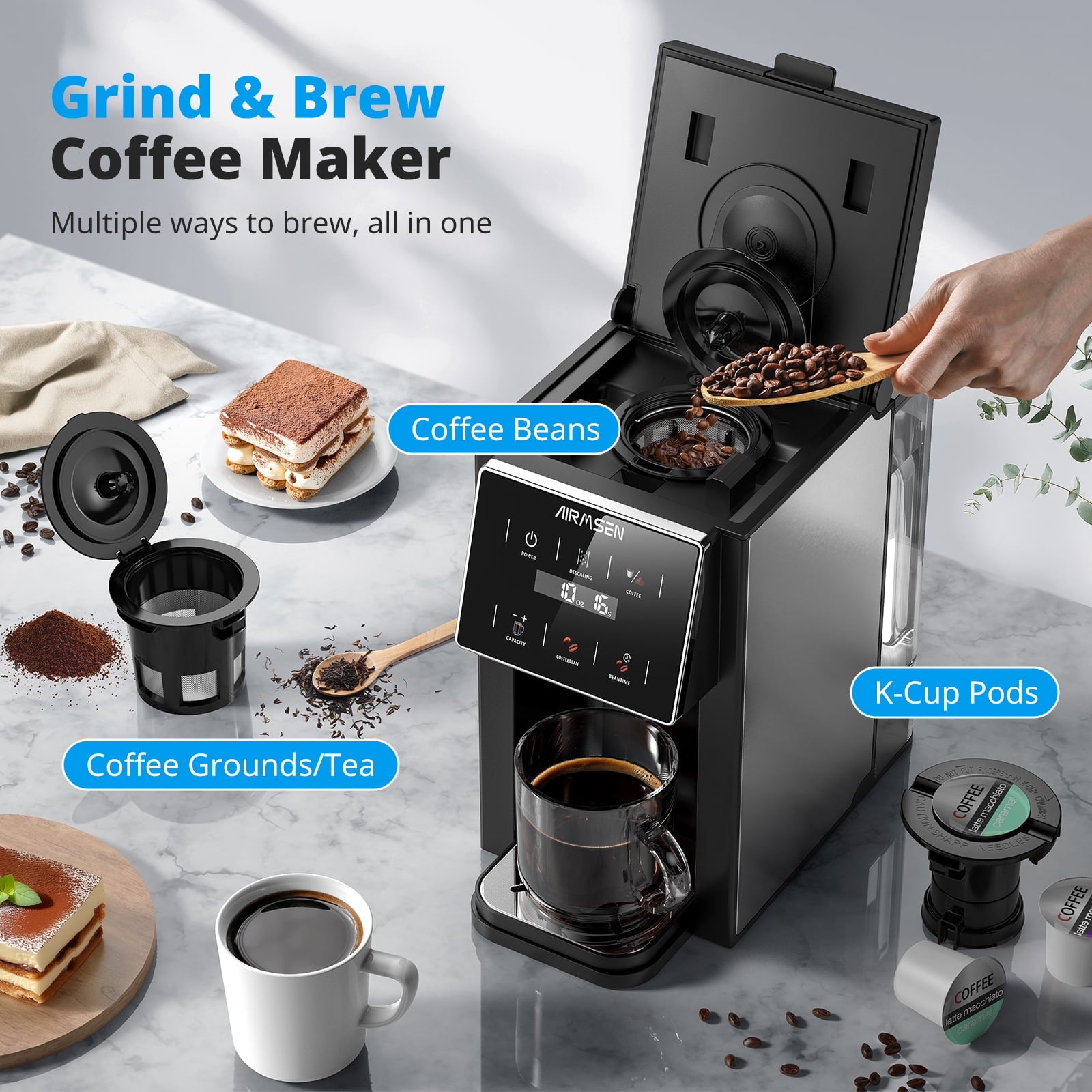 AIRMSEN 3 in 1 Single Serve Coffee Maker with Grinder, K Cup Coffee Machine Compatible with Grounds and Beans, Instant Coffee Pot with 6 Grind Levels & 6-14oz Cup Sizes, BPA-Free