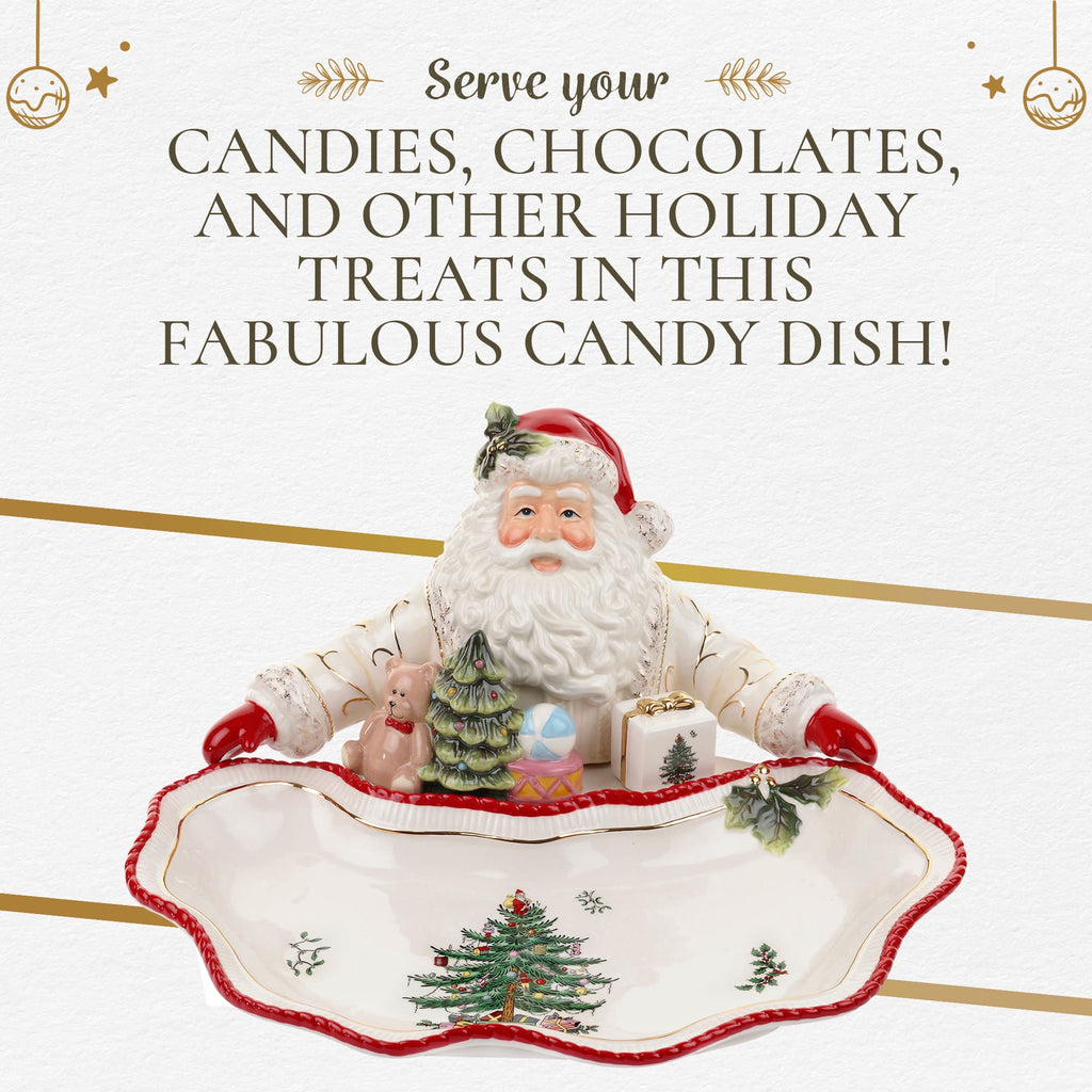 Spode Christmas Tree Gold Collection Figural Santa Dish, 12.25-Inch Holiday Décor Candy Bowl - Fine Earthenware with 22-Karat Gold Accents, Christmas Mantel Decoration & Holiday Tableware