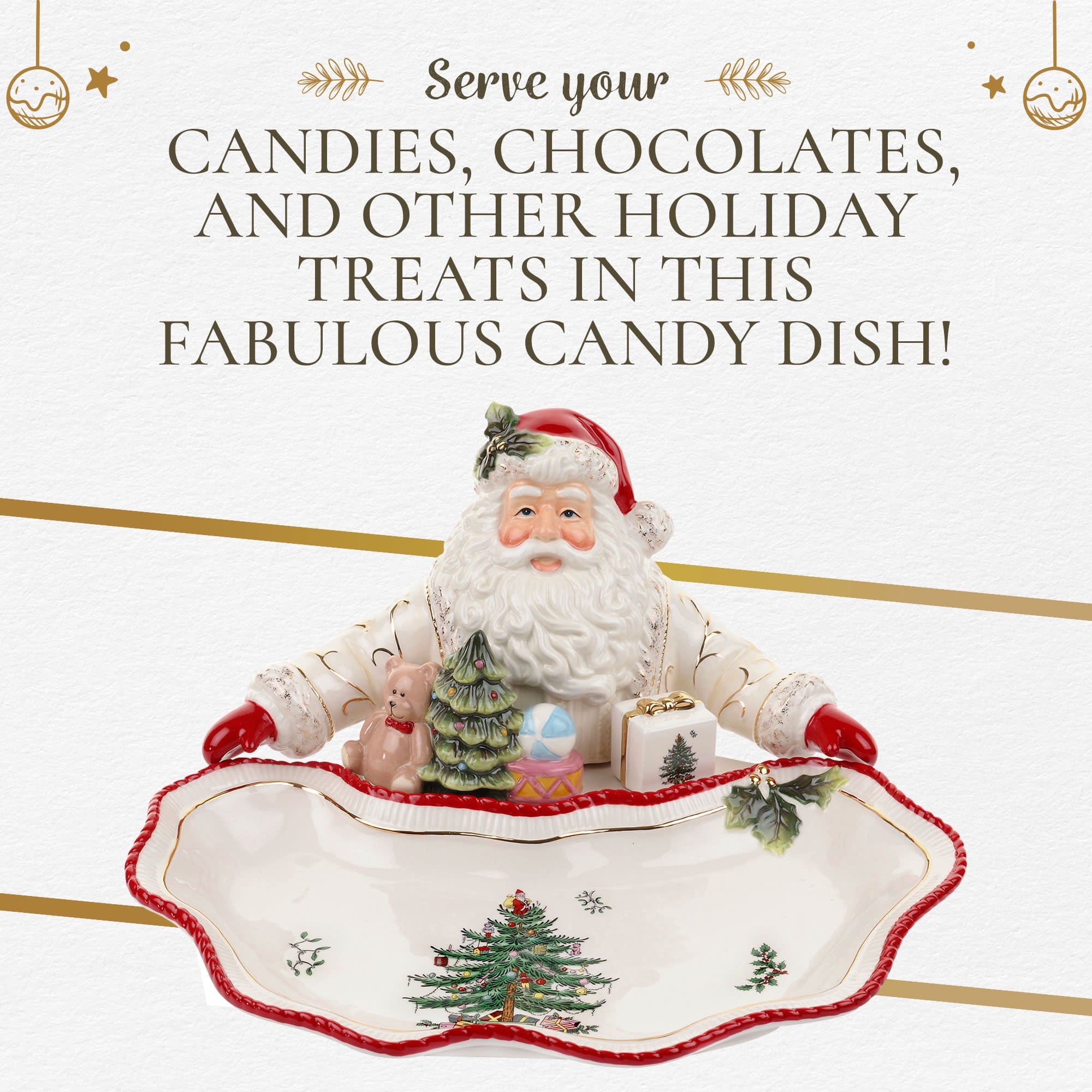 Spode Christmas Tree Gold Collection Figural Santa Dish, 12.25-Inch Holiday Décor Candy Bowl - Fine Earthenware with 22-Karat Gold Accents, Christmas Mantel Decoration & Holiday Tableware