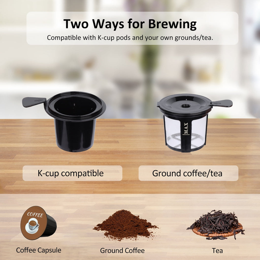 Kuhitley 2 in 1 Single Serve Coffee Maker for K-Cup Pods & Ground Coffee,Capsule Coffee Machine,Instant Coffee Maker One Cup 6-14oz Brew Size Compact for Home Office Travel Dorm RV