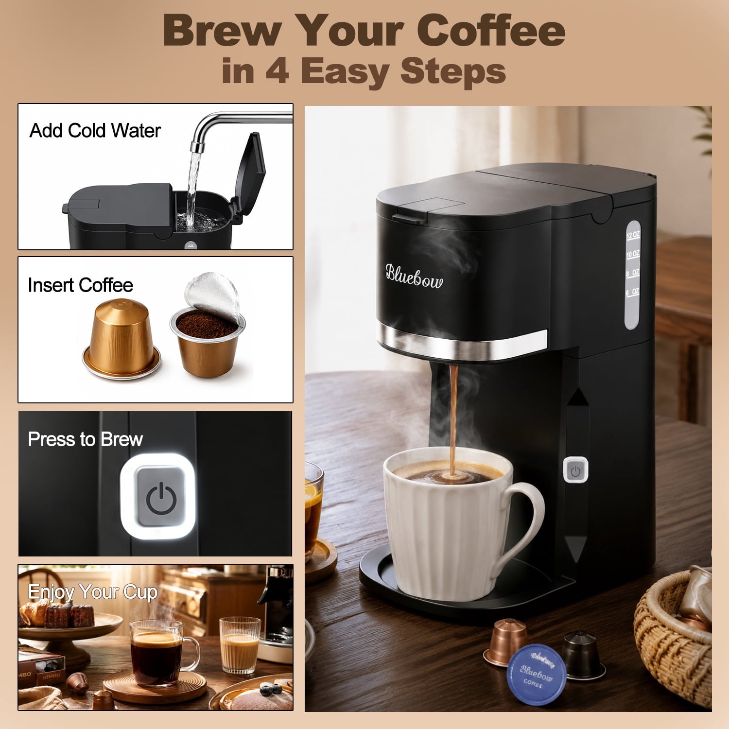 Bluebow Single Serve Coffee Maker, 6-12oz Brew Size for K Cup Pod & Ground Coffee& Tea, Fast Brew One Cup Small Coffee Machine  for Home and Travel, Black