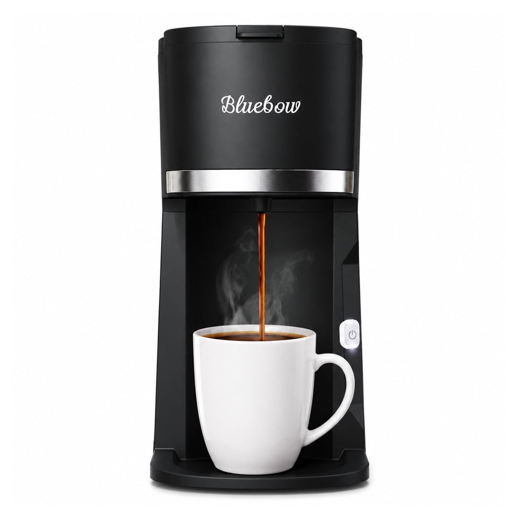 Bluebow Single Serve Coffee Maker, 6-12oz Brew Size for K Cup Pod & Ground Coffee& Tea, Fast Brew One Cup Small Coffee Machine  for Home and Travel, Black