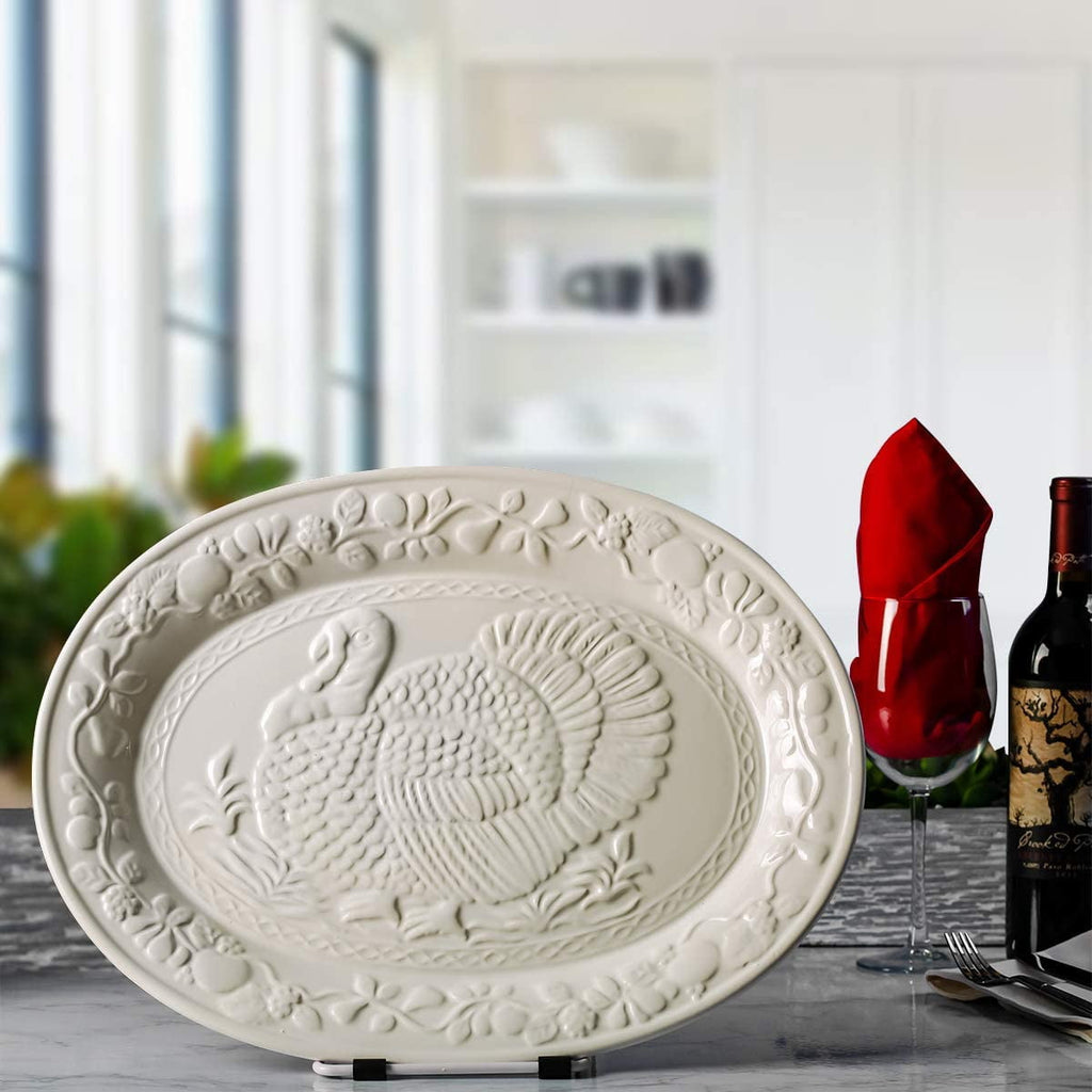 OVENTE Ceramic Oval Turkey Platter, White P4565W | Holiday Serving Plate for Thanksgiving & Christmas Dinner, Fall Table Centerpiece Tray for Entertaining, Easy-Clean