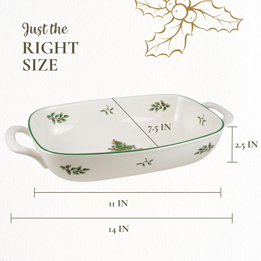 Spode Christmas Tree Oval Breadbasket, 12 Inch Handled Bowl for Fruit, Bread, Cookies - Porcelain Gift, Holiday Serveware & Oven to Table Lasagna Dish, Dishwasher Safe Tableware